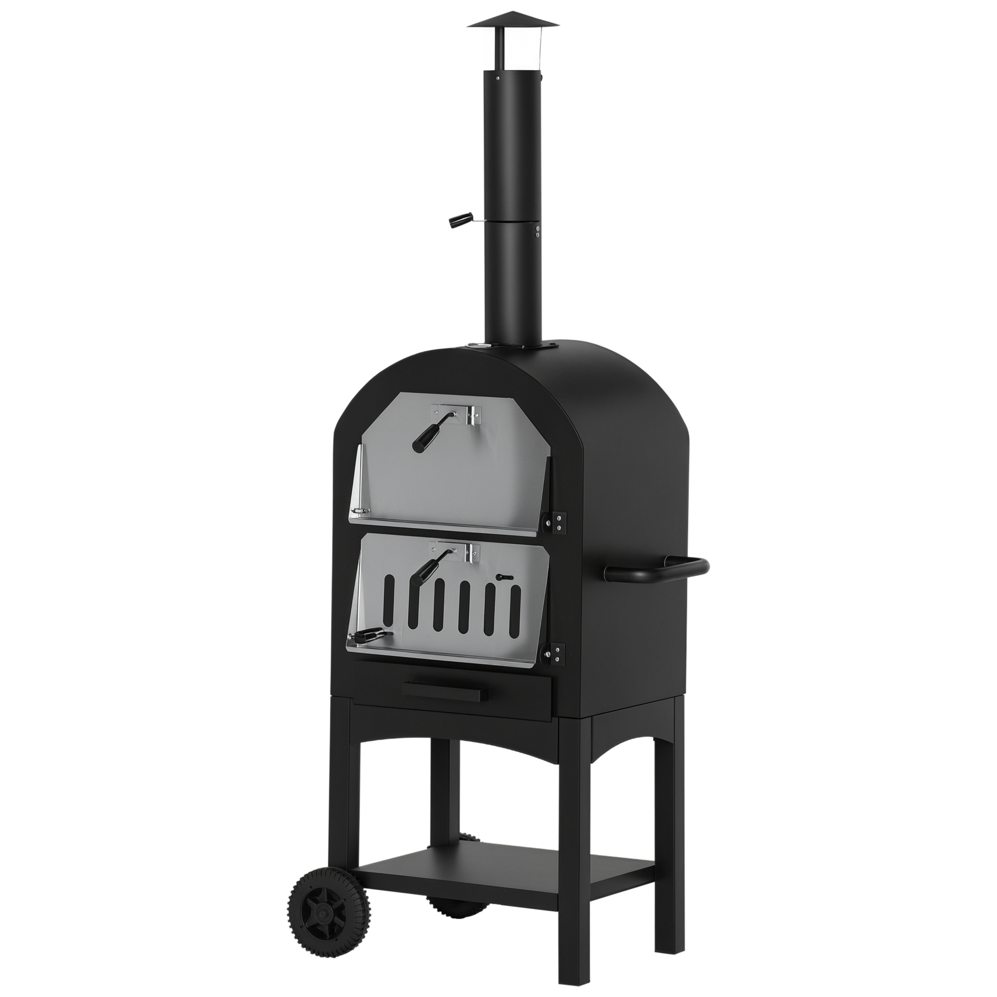 Un forno per pizza nero da esterno con camino, due porte e un ripiano. Ha le ruote.
