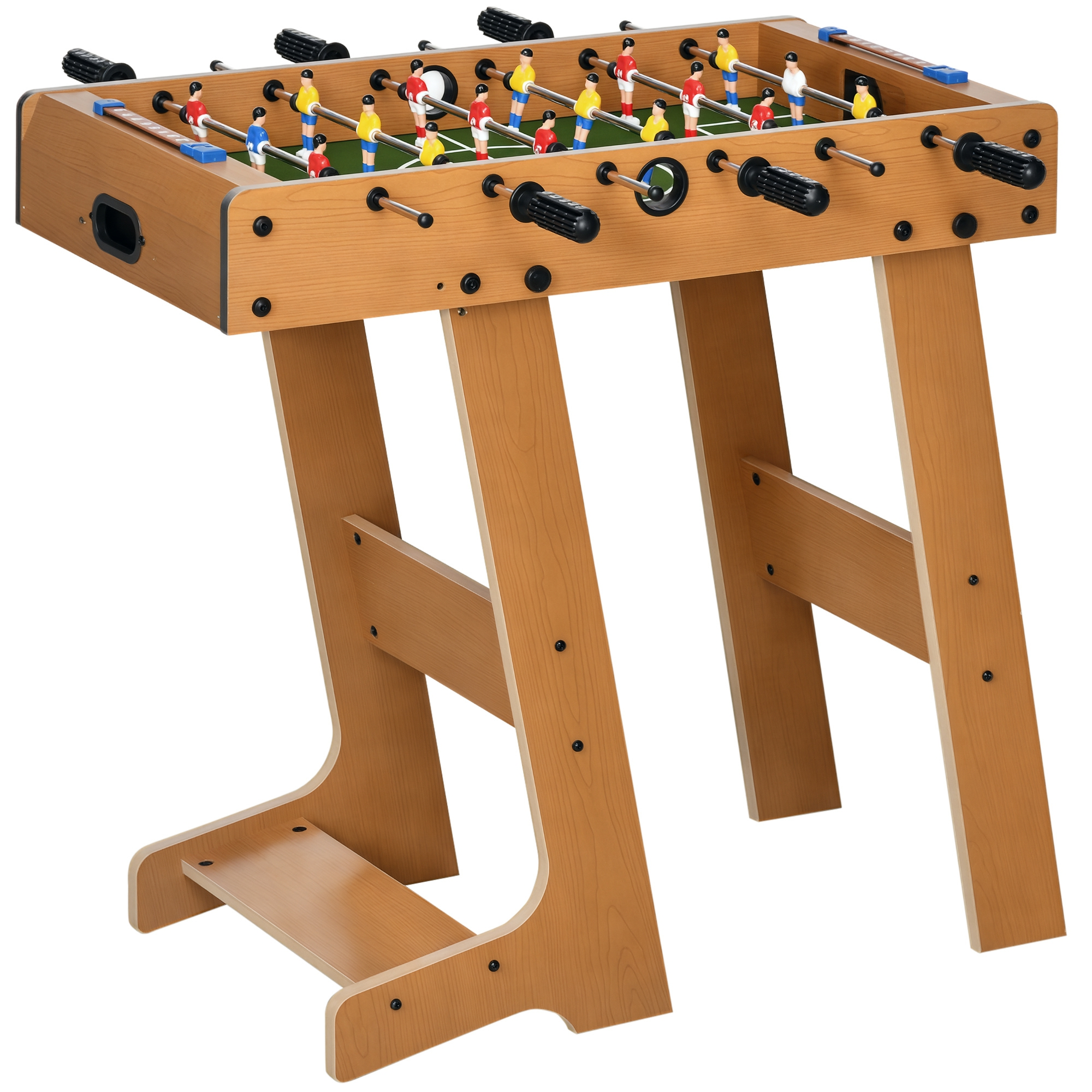Tavolo da biliardino in legno, con giocatori rossi e gialli. Poggia su due gambe in legno.