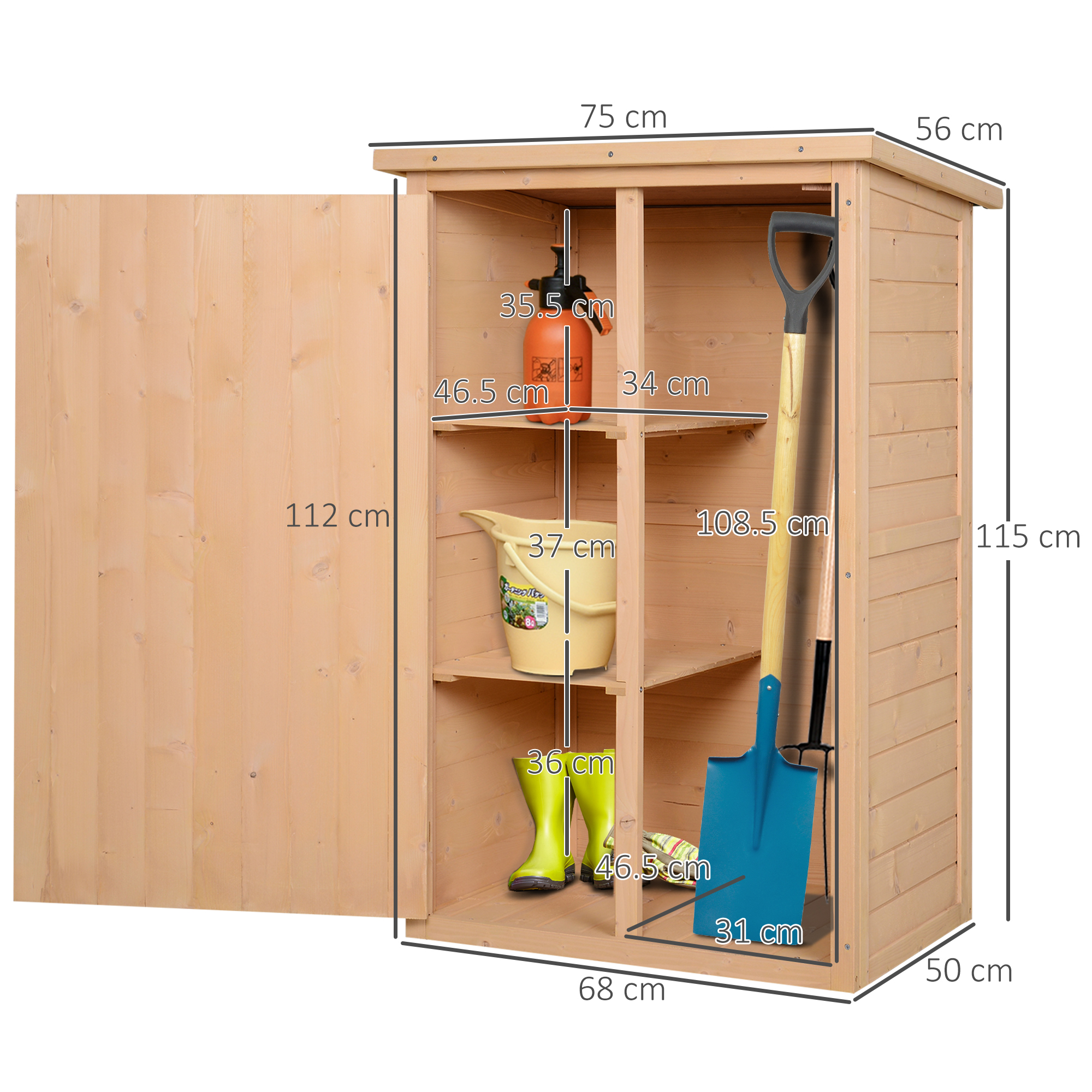 Capanno da giardino in legno con ripiani, con attrezzi, stivali e spruzzatore, con misure.