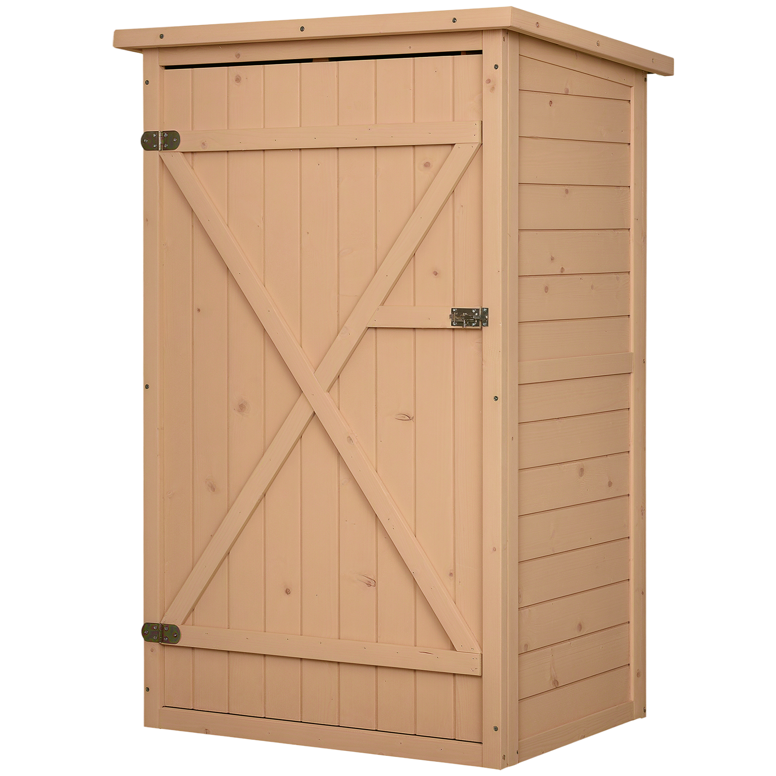Capanno in legno. Colore beige, con tetto spiovente. La porta ha un rinforzo a forma di X e un chiavistello in metallo.