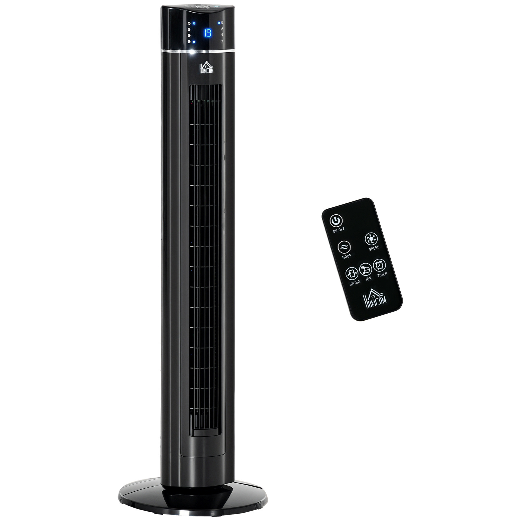 Un ventilatore a torre nero con telecomando. Il ventilatore mostra un numero digitale blu. Il telecomando ha diversi pulsanti.