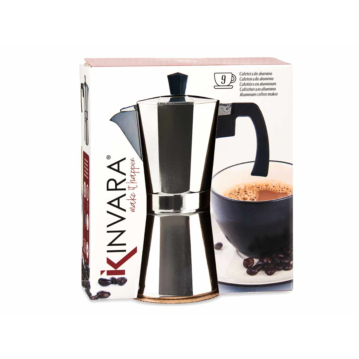 Una cafetera de aluminio Kinvara en su caja, con una taza de café y granos de café. La caja tiene texto en varios idiomas.