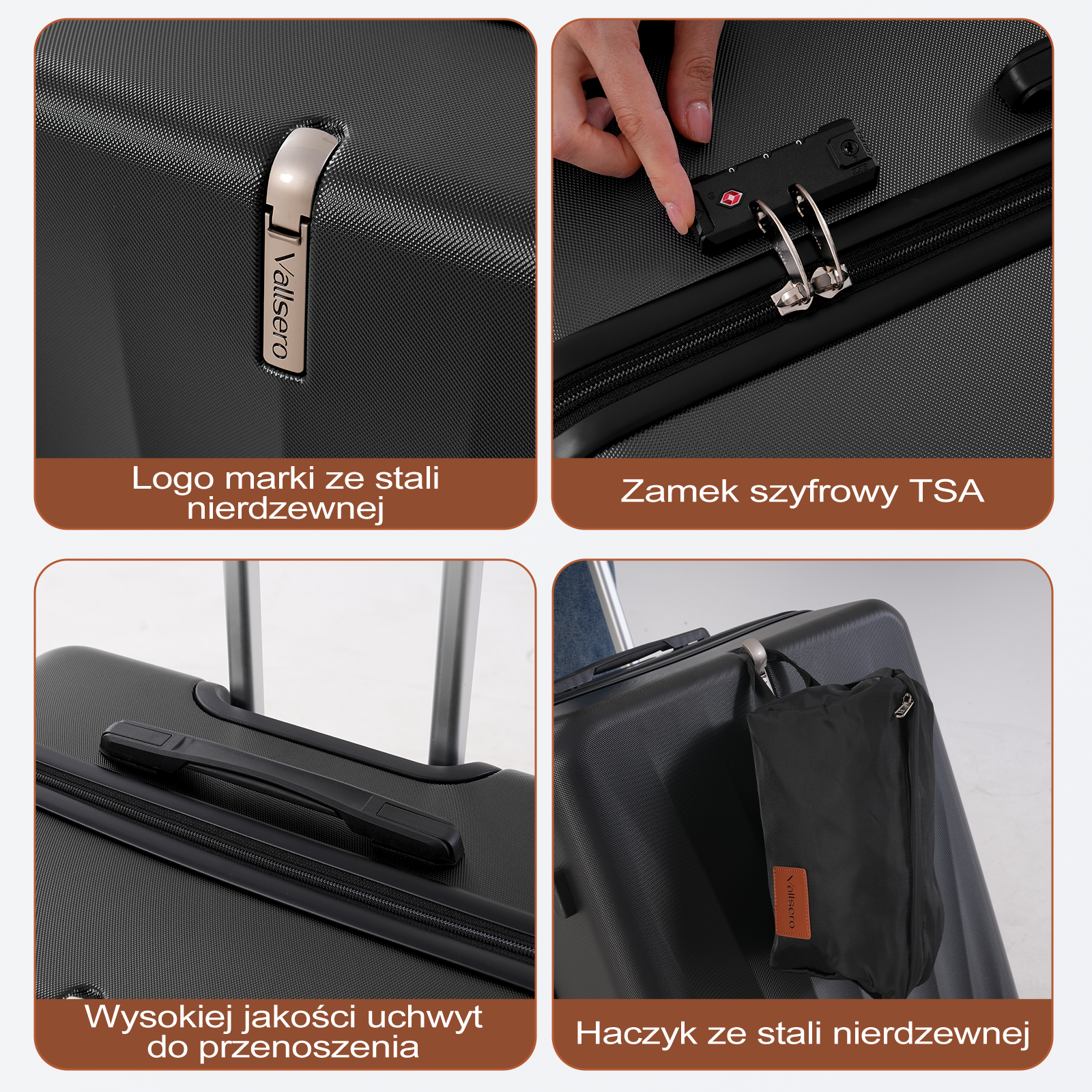 Zbliżenie czarnej walizki pokazujące zamek TSA, logo marki, uchwyt i haczyk.