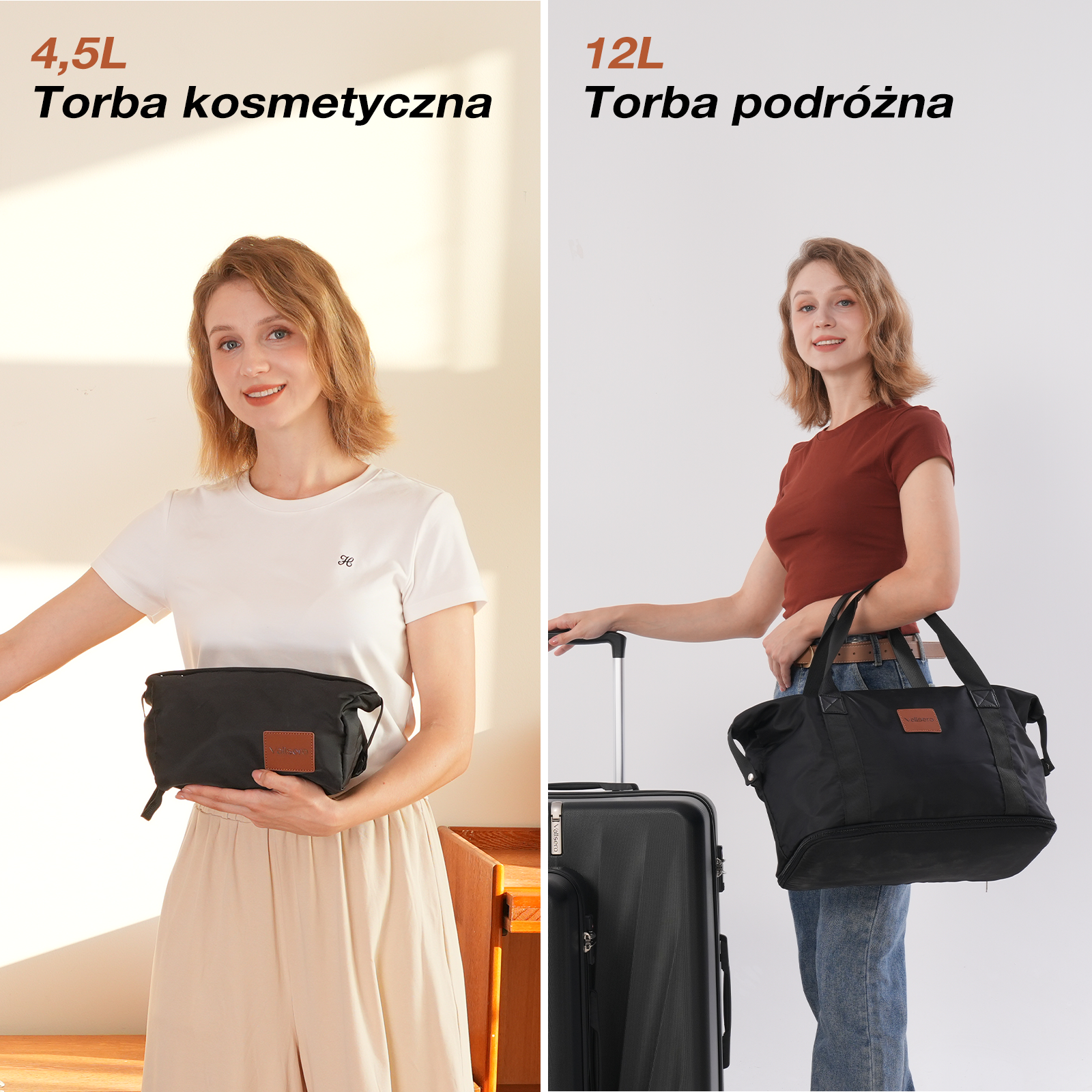 Dwie kobiety trzymają czarne torby. Jedna z kosmetyczką, druga z torbą podróżną i walizką.