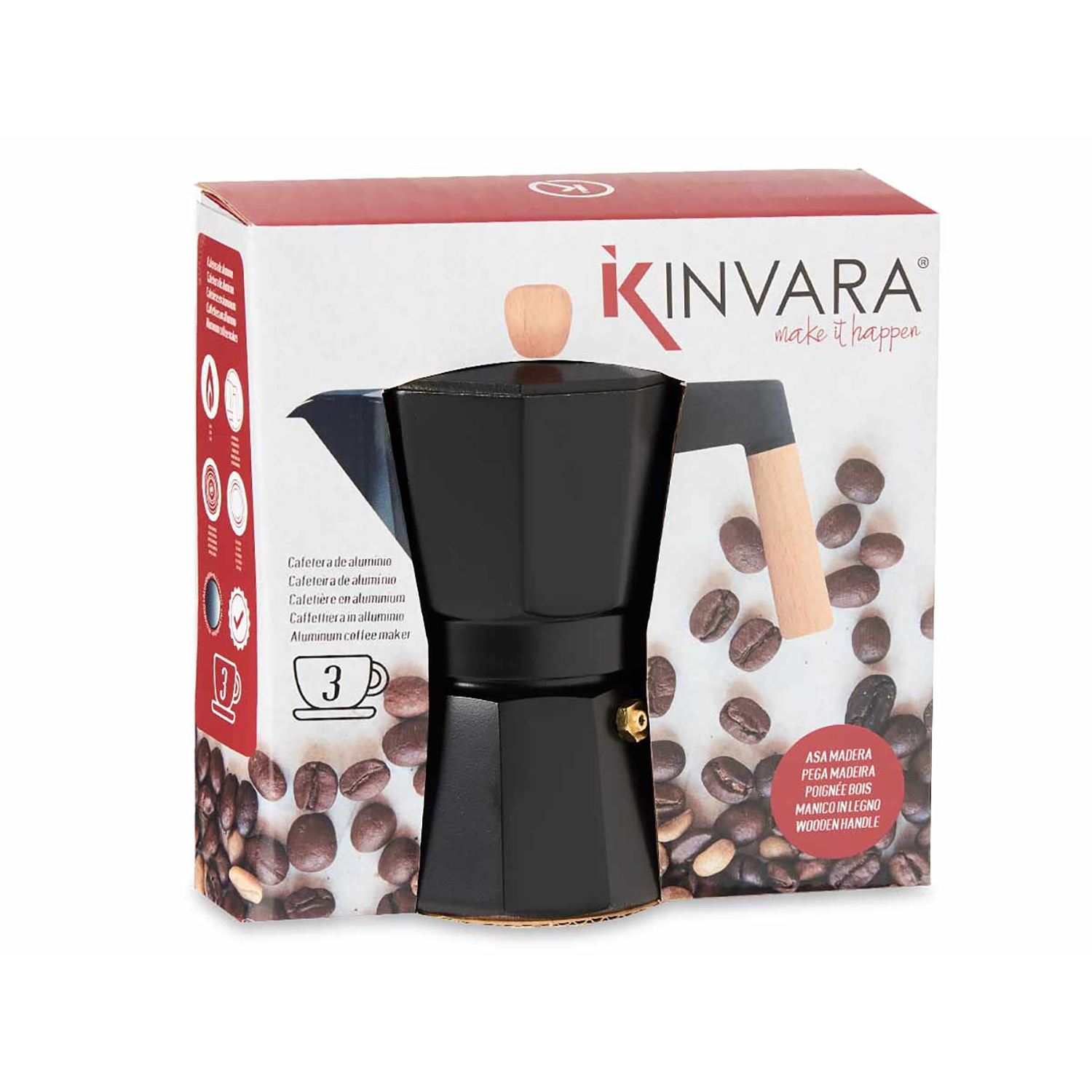 Eine schwarze Kaffeekanne mit Holzgriff steht auf einer Schachtel. Die Schachtel hat den Markennamen KINVARA und Kaffeebohnen sind verstreut.