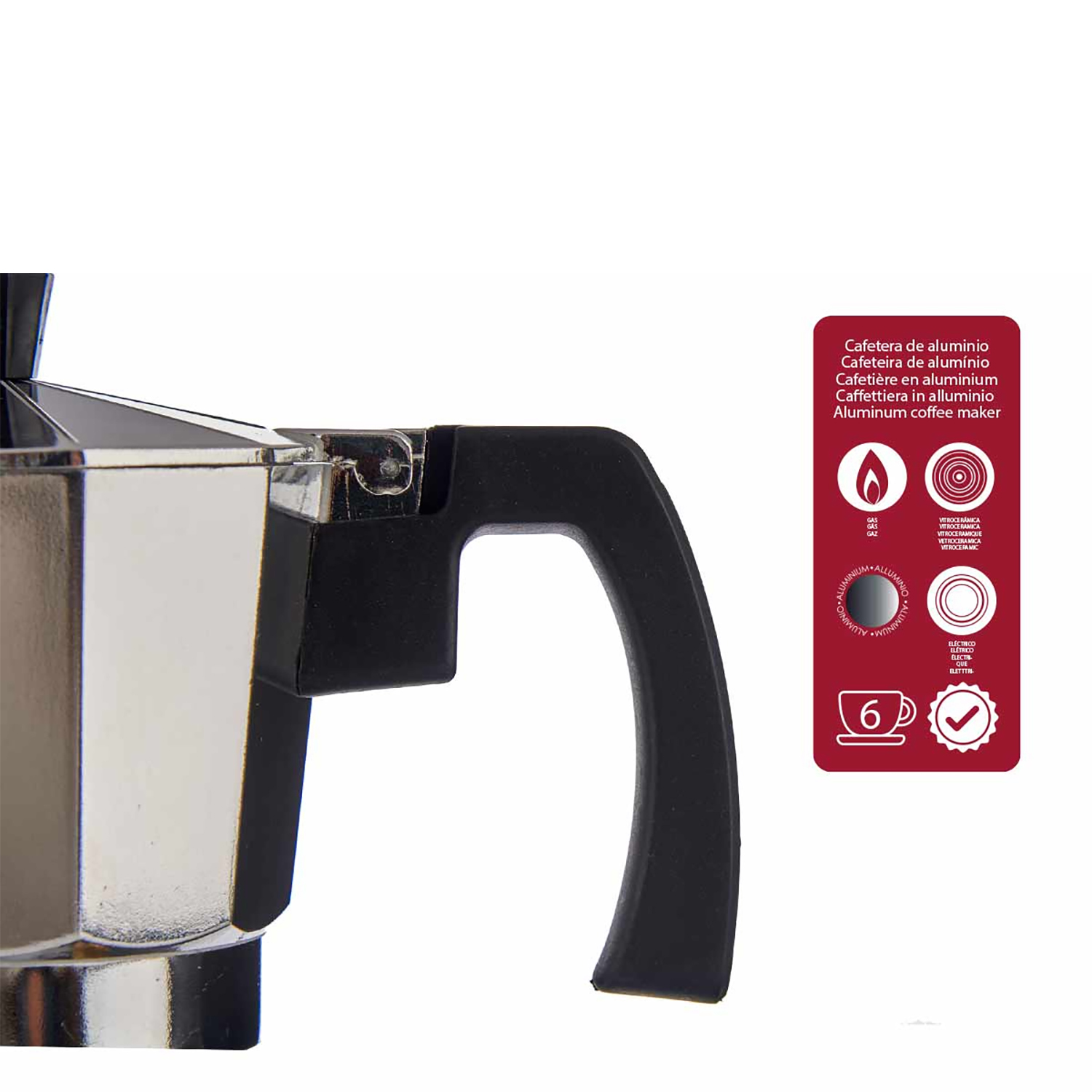 Nahaufnahme eines silbernen Aluminium-Kaffeezubereiters mit schwarzem Griff. Ein rotes Etikett zeigt seine Merkmale.