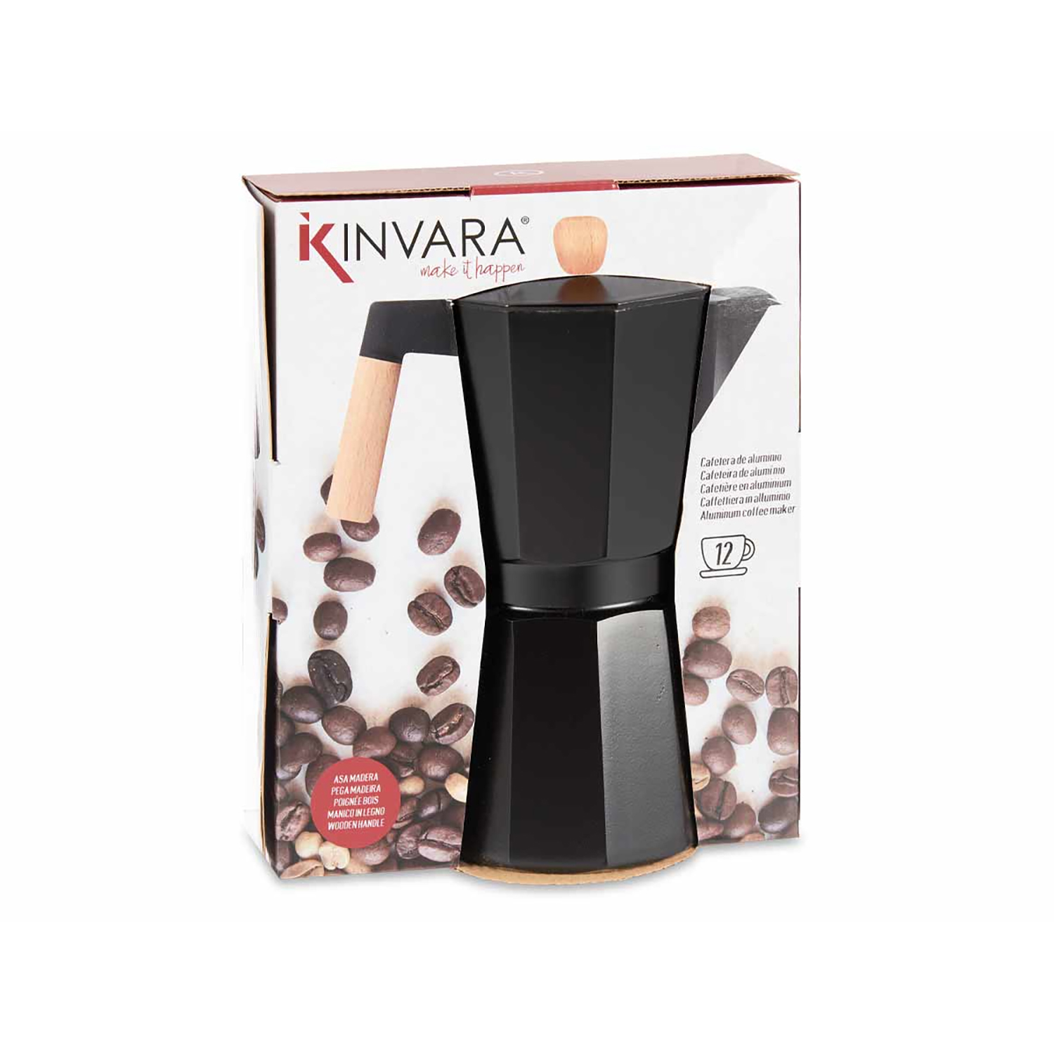 Schwarze Kaffeemaschine aus Aluminium mit Holzgriff in einer Schachtel mit Kaffeebohnen. Marke "KINVARA".