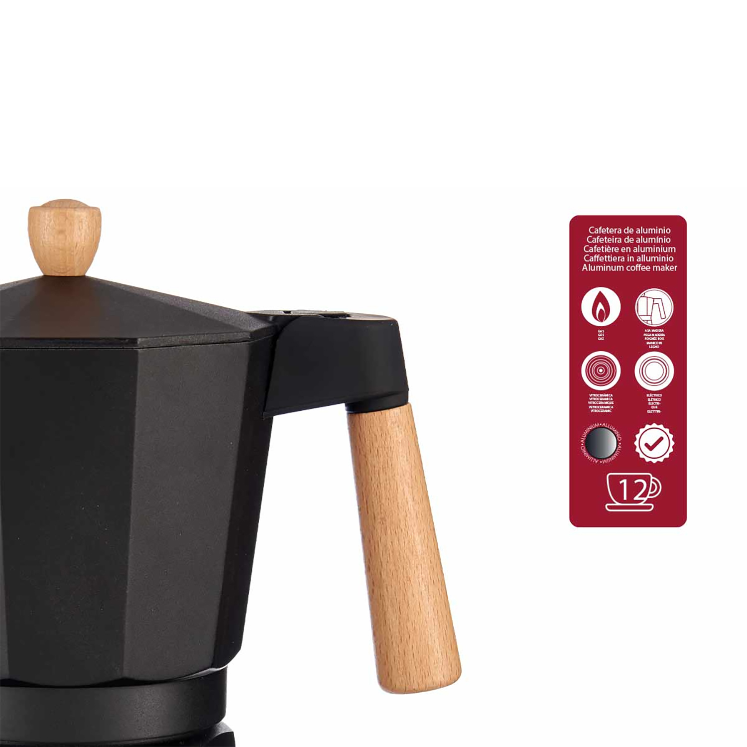 Schwarze Aluminium-Kaffeemaschine mit Holzgriff und -knopf. Ein rotes Etikett mit Text und Symbolen befindet sich rechts.
