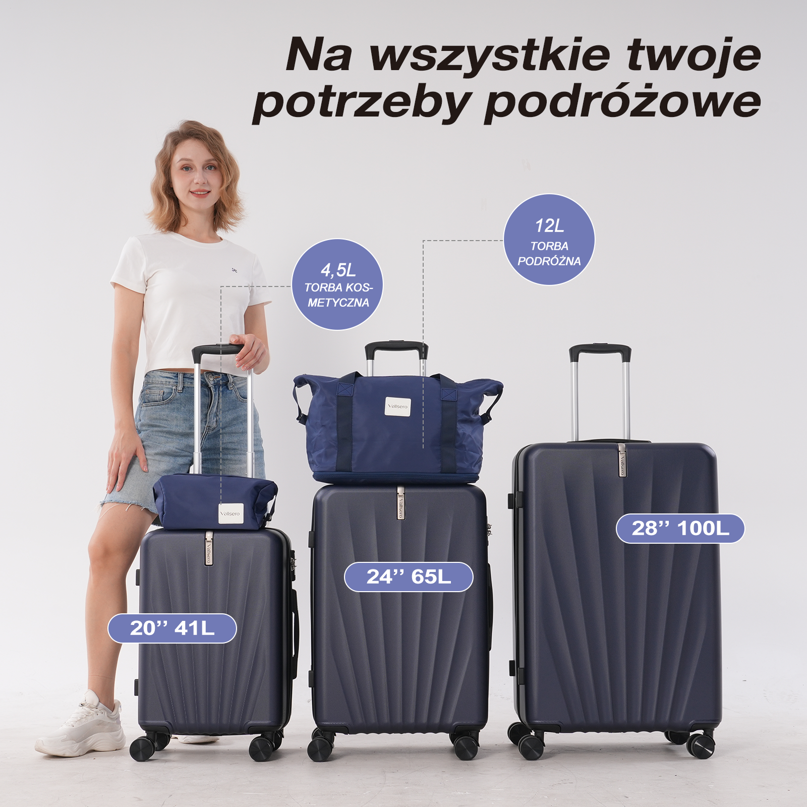 Kobieta z bagażem, w tym walizkami i torbami o różnych rozmiarach, na białym tle.