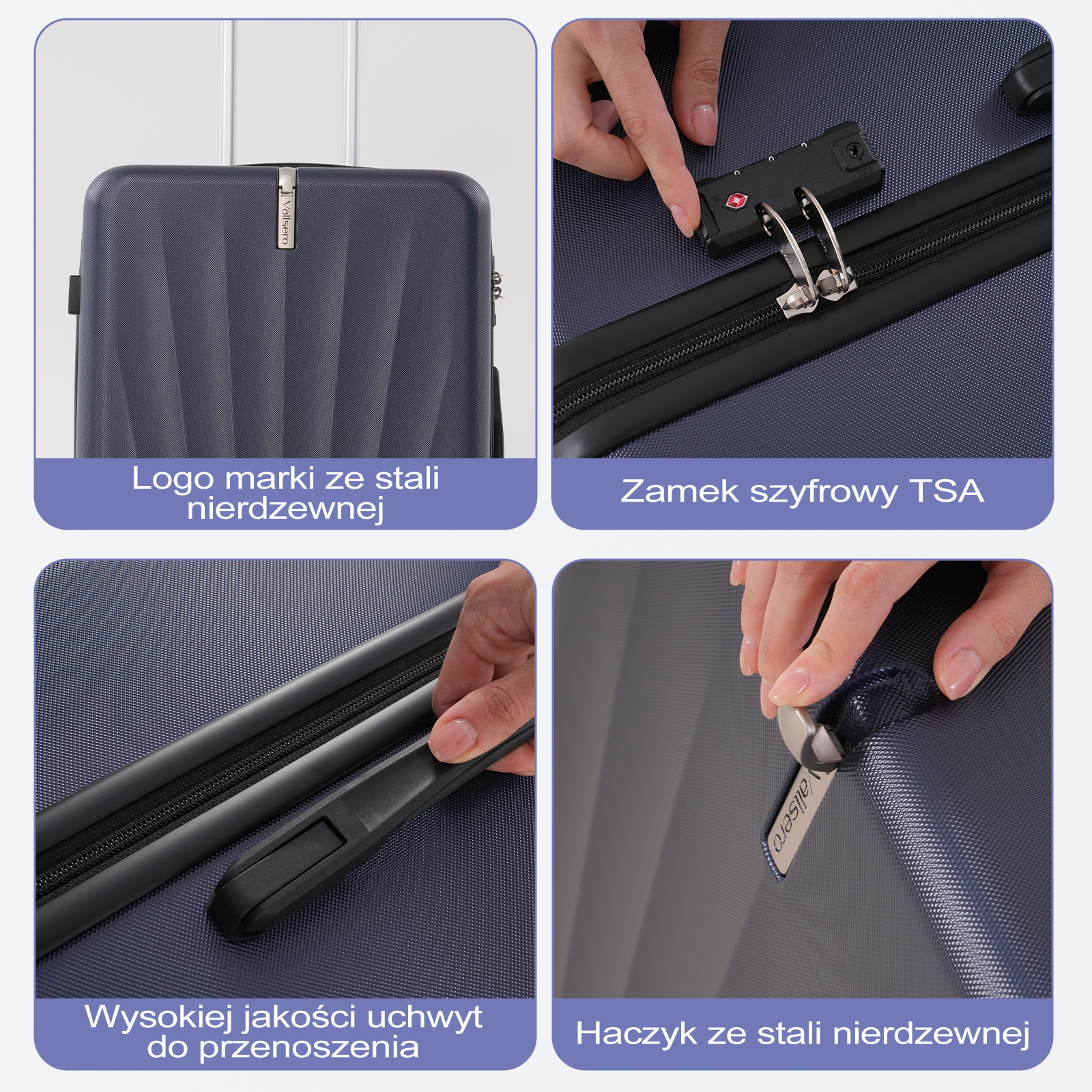 Zbliżenie walizki z detalami: logo, zamek TSA, uchwyt i hak ze stali nierdzewnej. Wszystko w kolorze granatowym.
