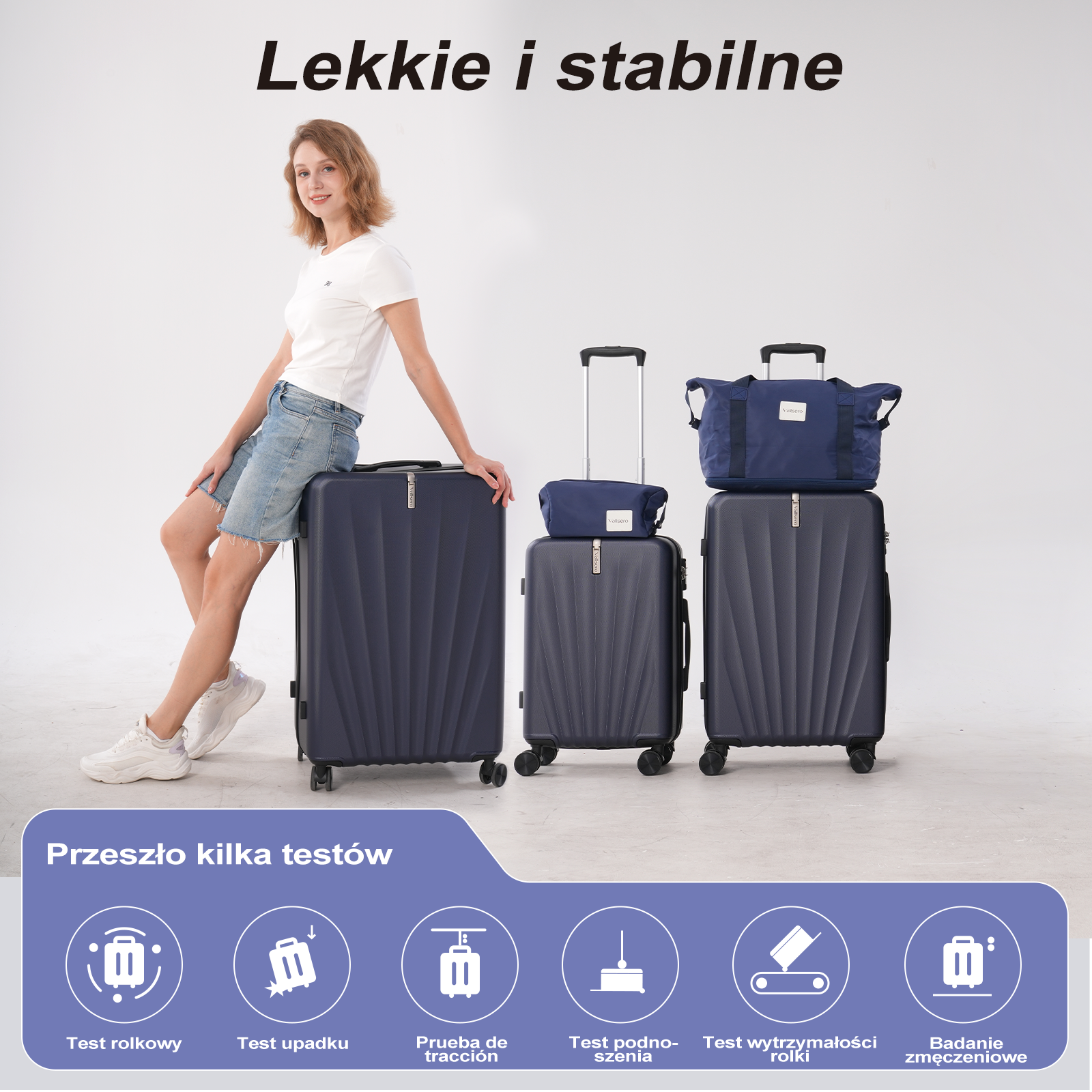 Kobieta siedzi na granatowej walizce. Za nią inne walizki i torba. Tekst mówi: 'Lekki i stabilny'.