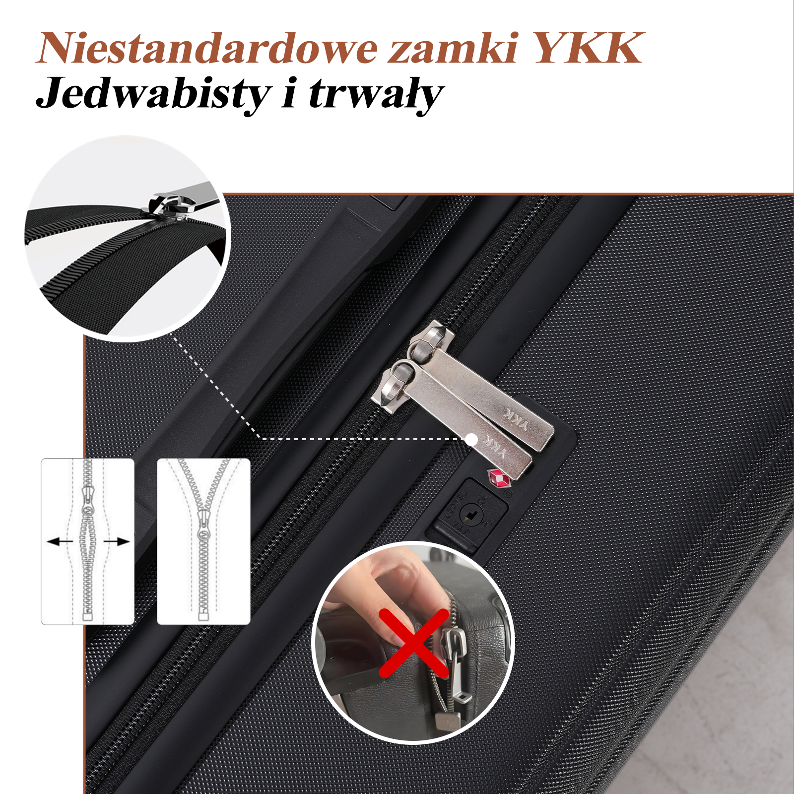 Zbliżenie czarnej walizki pokazujące zamki błyskawiczne, zamki i dłoń z czerwonym krzyżem na zamku błyskawicznym.