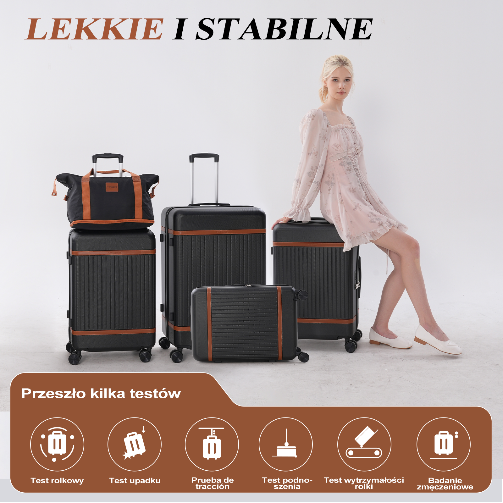 Kobieta siedzi na walizce. Wyświetlanych jest kilka czarnych walizek z brązowymi akcentami. Tekst na górze: LEKKIE I STABILNE.
