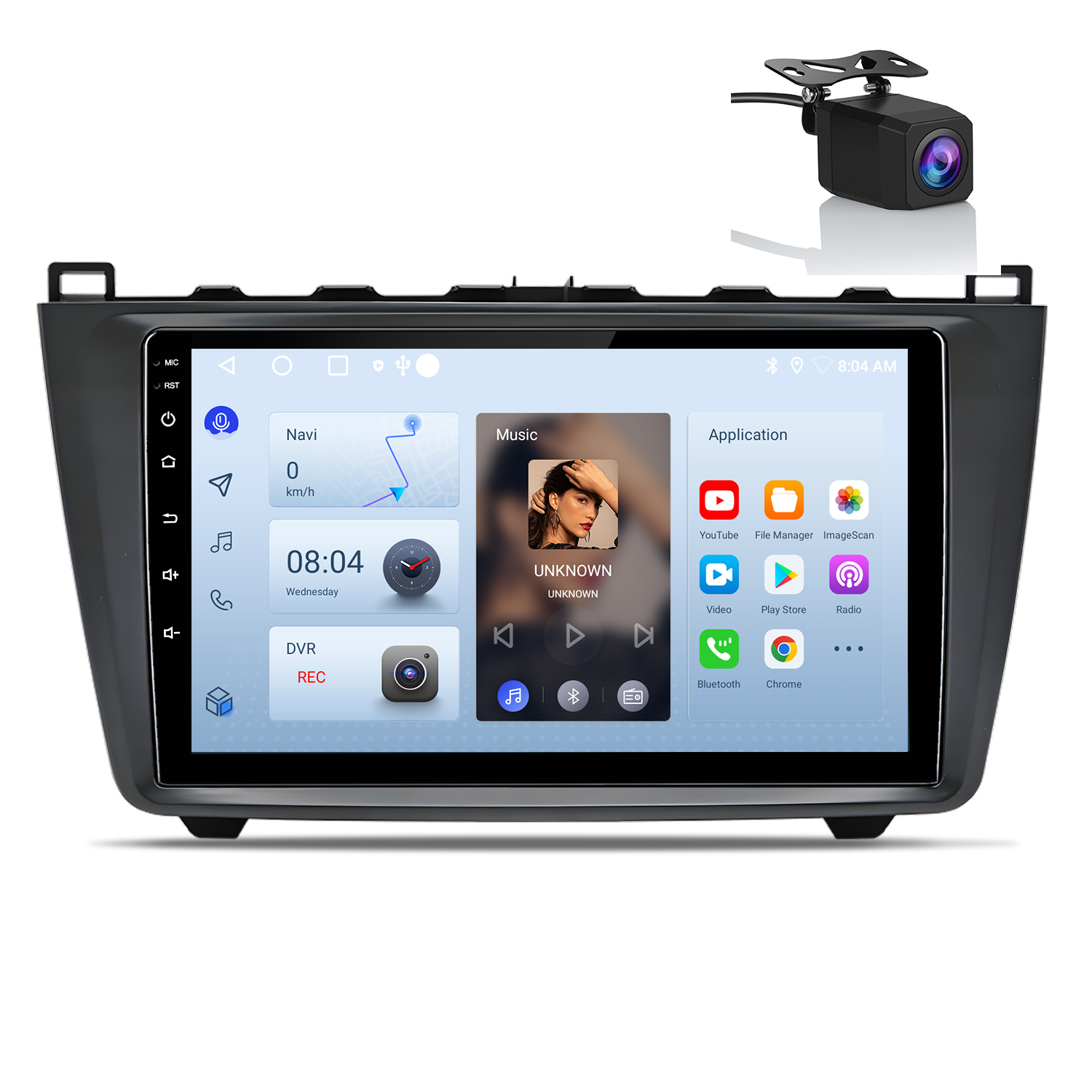 Un sistema multimedia para automóvil con una pantalla que muestra navegación, música e iconos de aplicaciones. Hay una cámara encima de la pantalla.