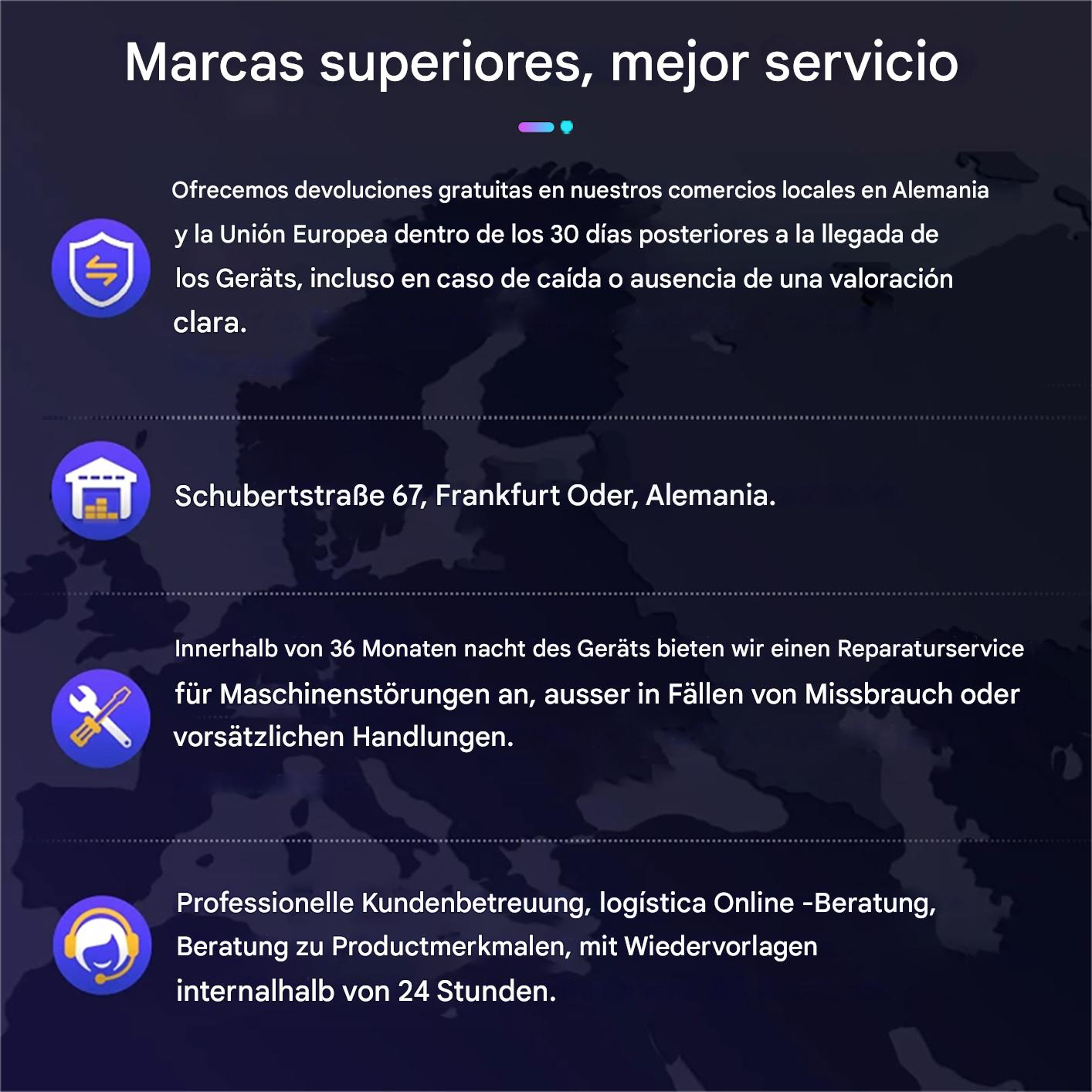 La imagen es un gráfico promocional. Incluye texto en español y alemán e iconos. El fondo tiene un mapa del mundo.