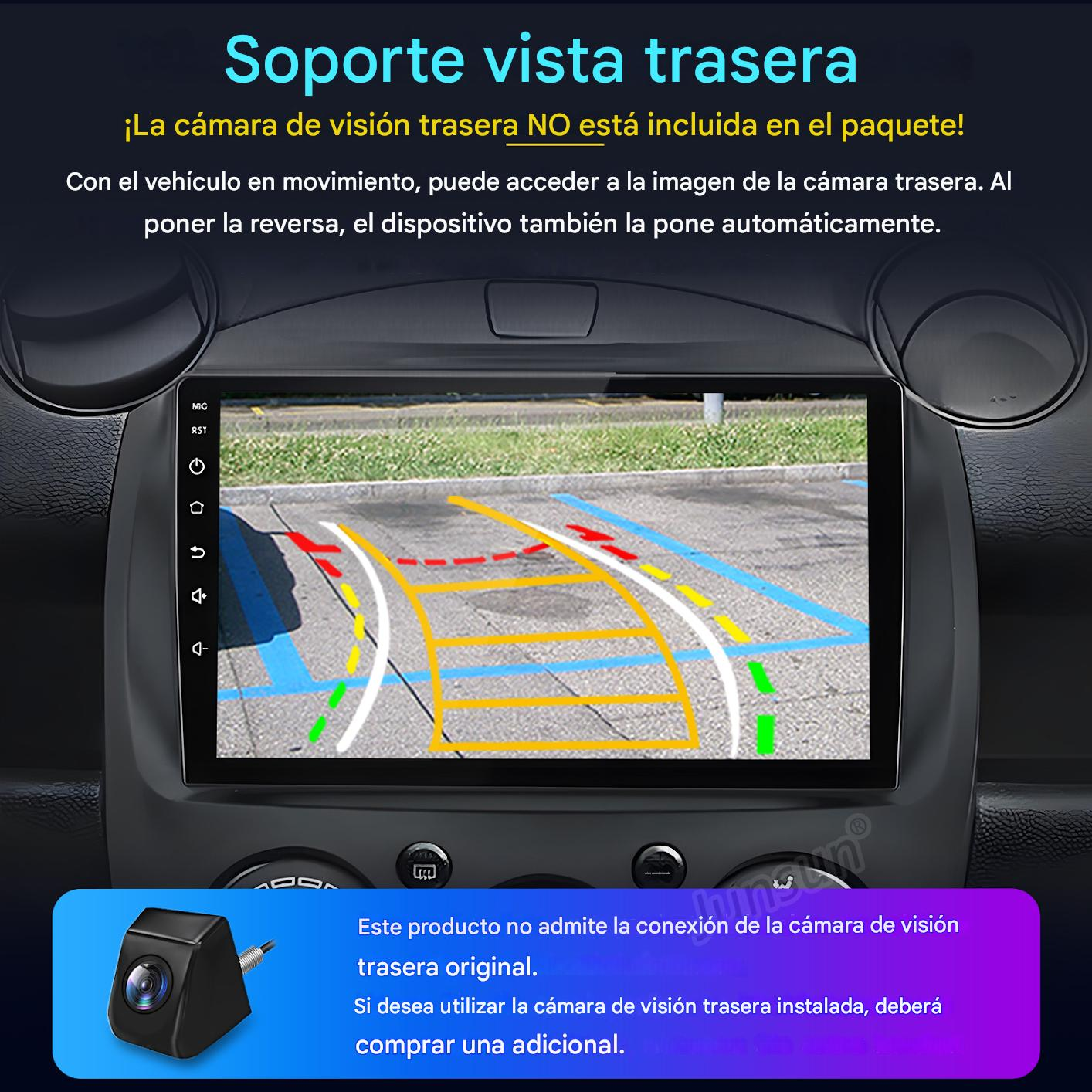 Panel de coche mostrando una pantalla de cámara de marcha atrás con guías de colores. Se muestra una cámara separada abajo.