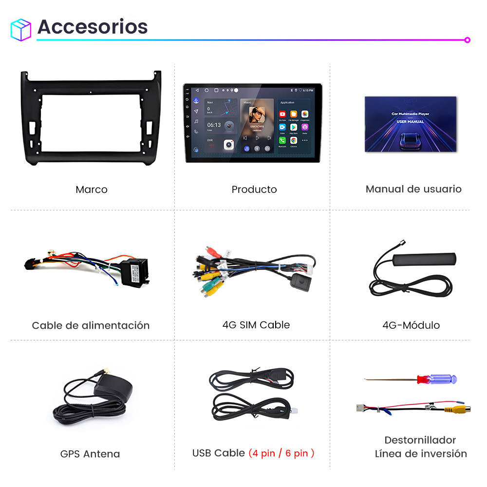 Imagen de producto que muestra accesorios para automóviles, incluyendo un marco, reproductor multimedia, cables, antenas y manual.