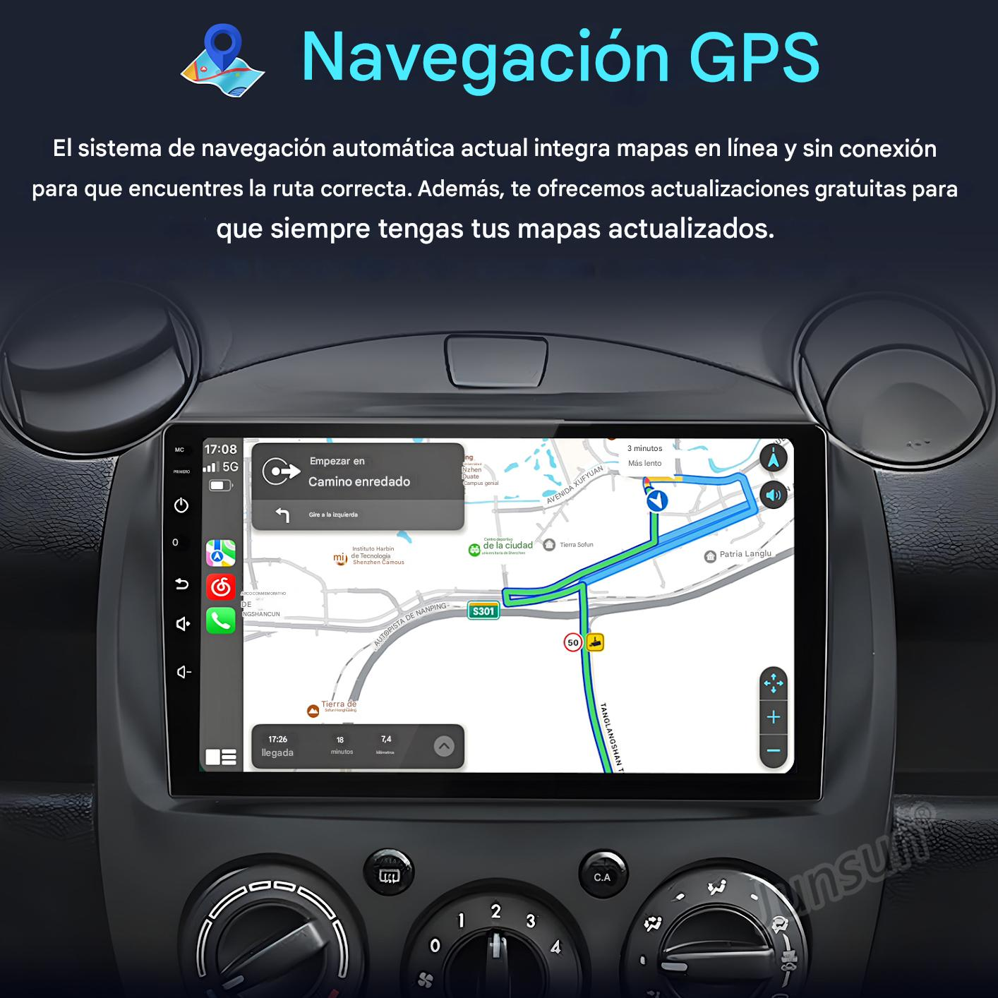 Pantalla de navegación del coche que muestra un mapa con una ruta. Debajo de la pantalla se ven botones y diales. Texto: Navegación GPS.