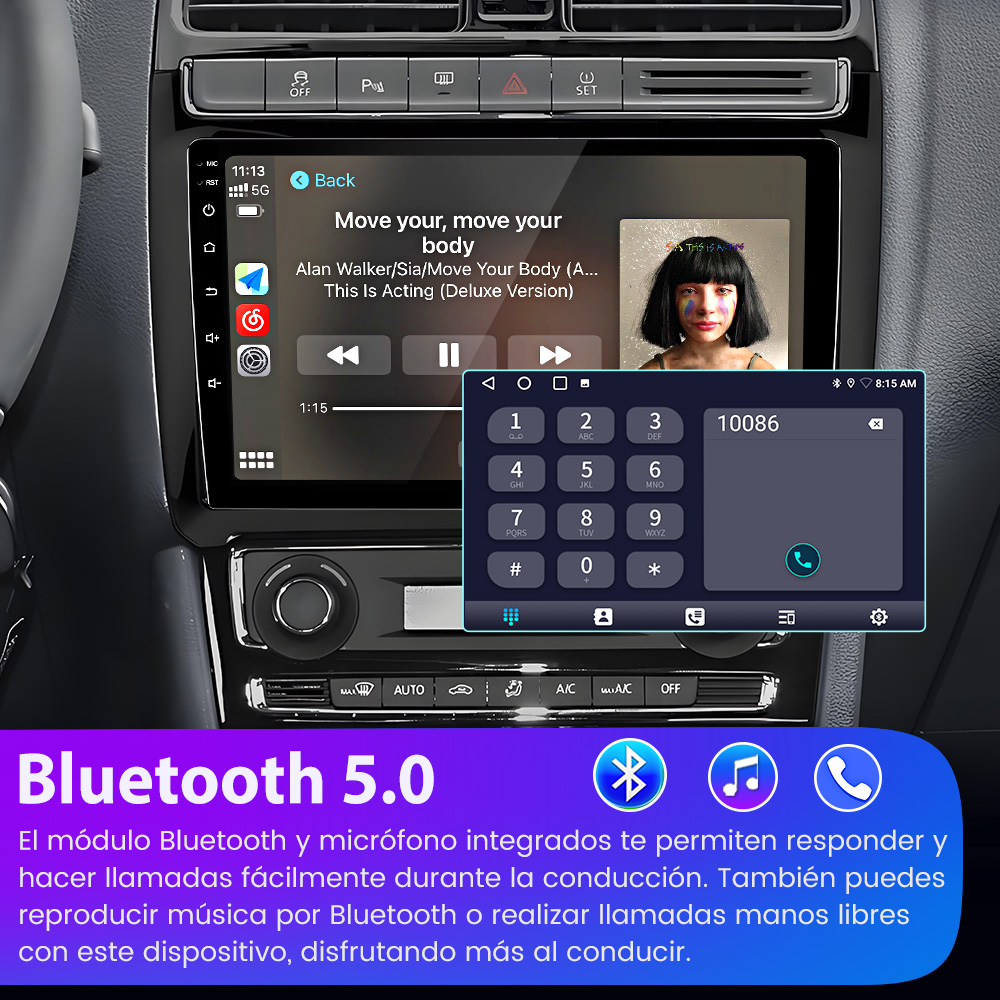 Pantalla de radio del coche con reproductor de música y teclado numérico. Logotipo de Bluetooth 5.0 abajo.