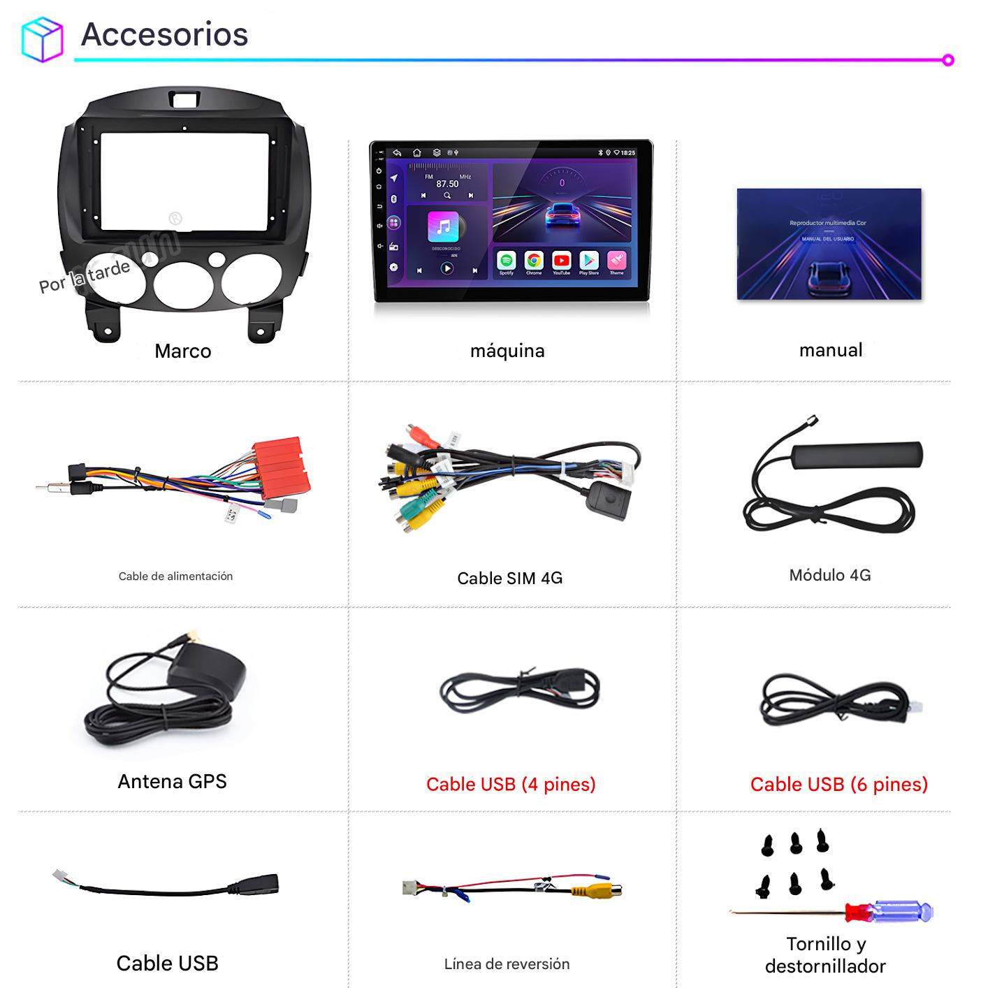 La imagen muestra accesorios para automóviles, incluyendo un marco, pantalla, cables, antena y destornillador. Los elementos están etiquetados en español.