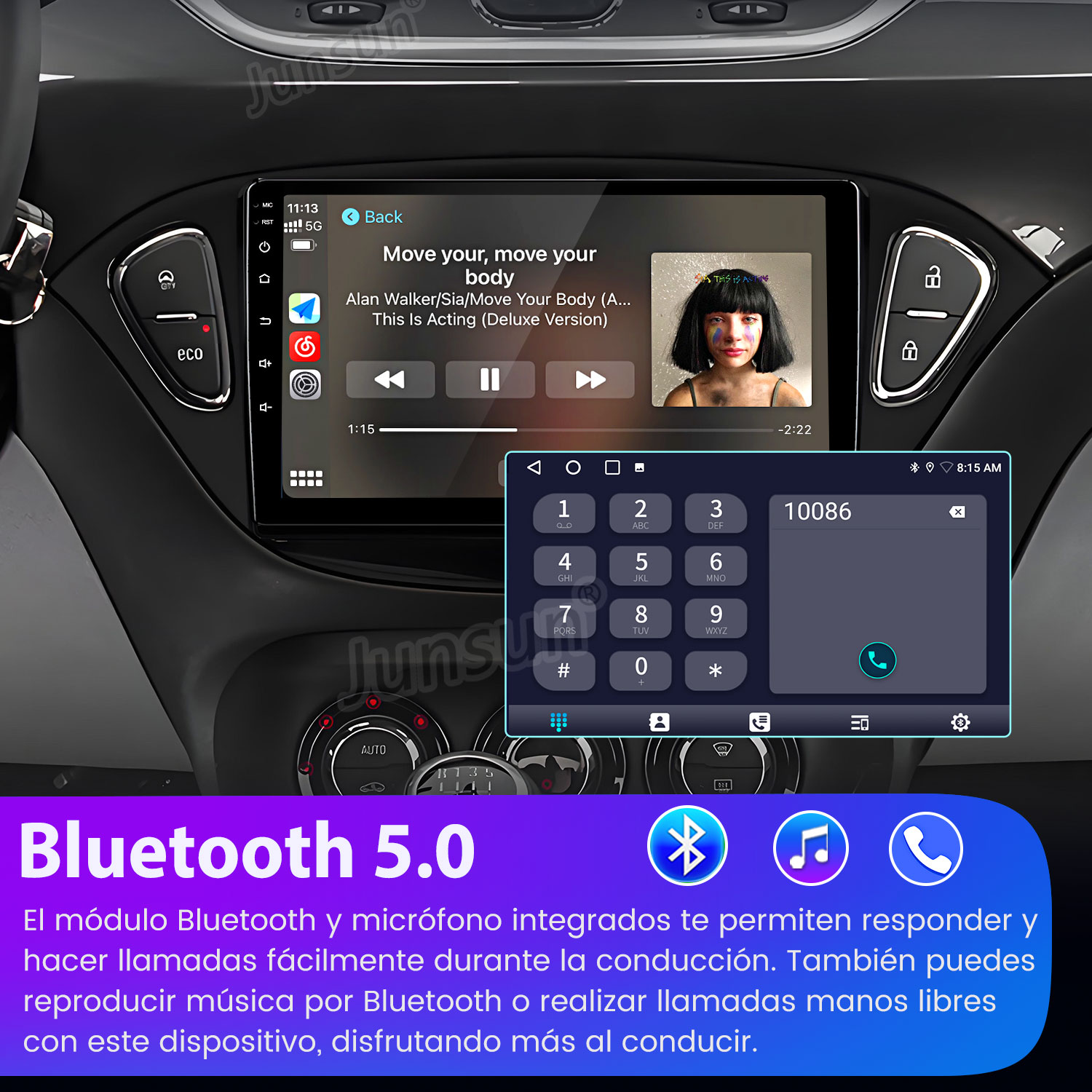 Panel del coche mostrando reproductor de música y teclado telefónico. Logotipo de Bluetooth 5.0 abajo.
