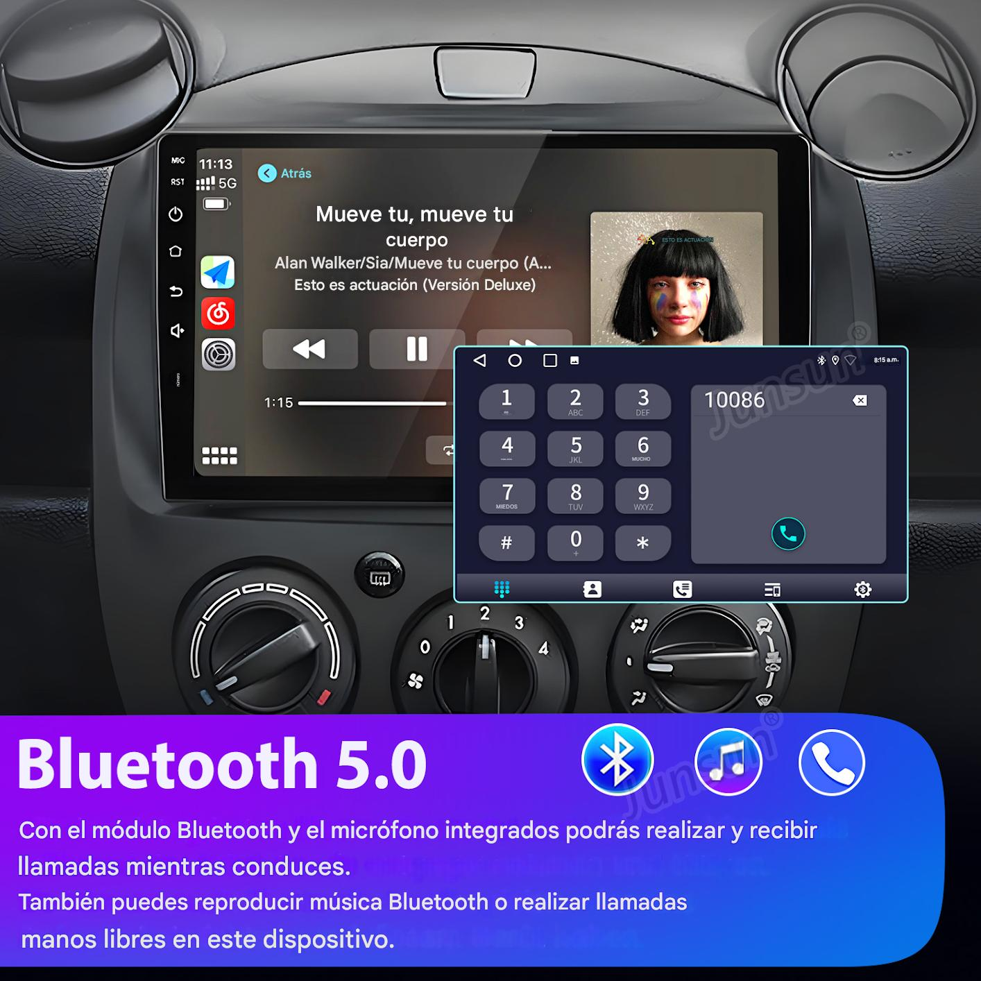 Pantalla de radio de coche que muestra una interfaz de reproductor de música y un marcador telefónico. Logotipo de Bluetooth 5.0.