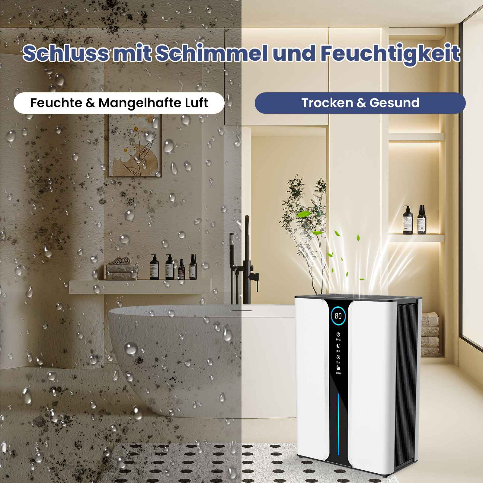 Das Bild zeigt ein feuchtes, schimmliges Badezimmer, das einem trockenen, sauberen Bad mit Luftentfeuchter gegenübergestellt wird.