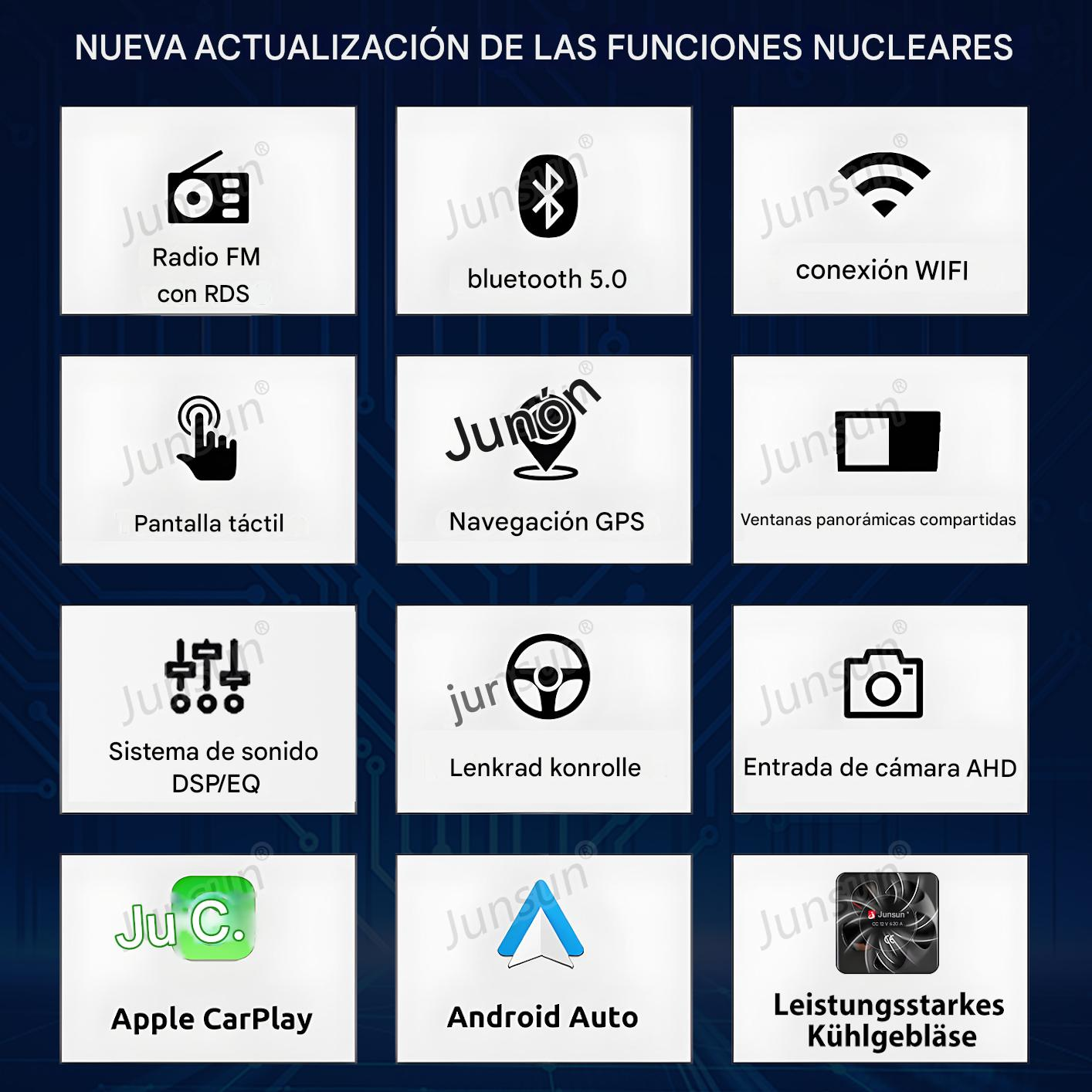 Un gráfico azul oscuro con cuadros blancos que muestran funciones como radio, Bluetooth, GPS y Apple CarPlay. Texto en español y alemán.