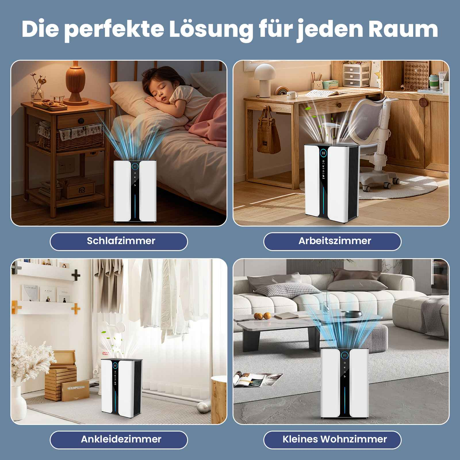 Das Bild zeigt einen Luftreiniger in vier verschiedenen Raumeinstellungen: Schlafzimmer, Büro, Ankleidezimmer und Wohnzimmer.