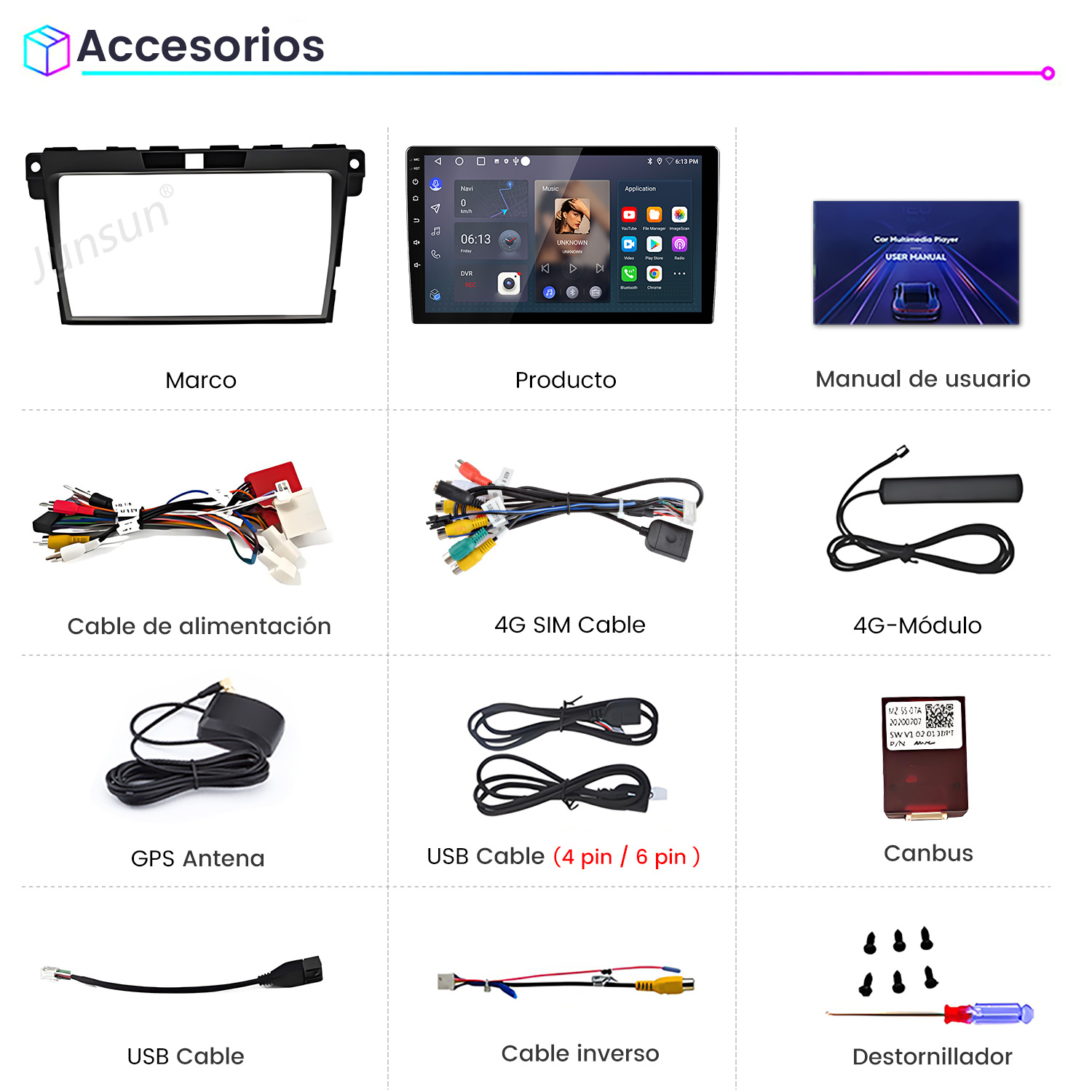 La imagen muestra accesorios para automóviles: un marco, una pantalla de producto, un manual de usuario, cable de alimentación, cable SIM 4G, etc.