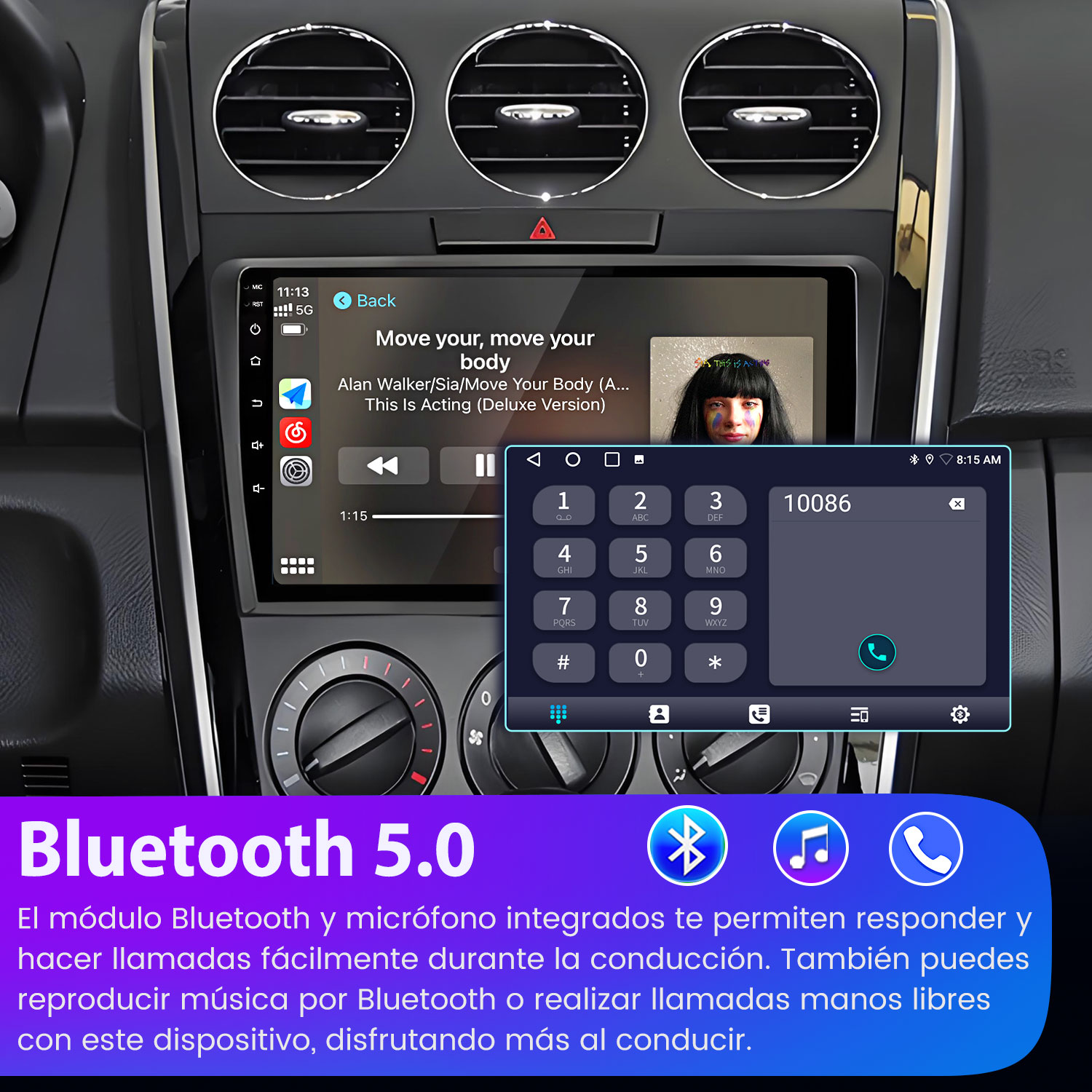 Autorradio con Bluetooth 5.0, reproduciendo música. Muestra un teclado telefónico y la carátula del álbum. Texto en español.