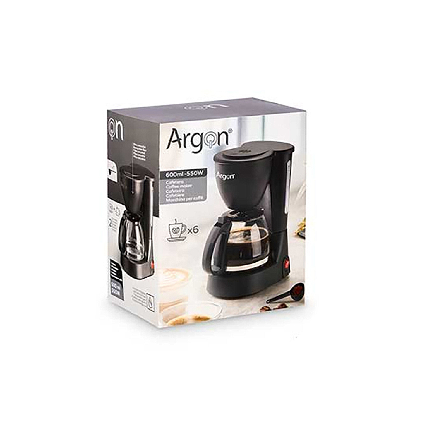 Una caffettiera nella sua scatola. La scatola è bianca con il marchio Argon. La caffettiera è nera con una caraffa di vetro.