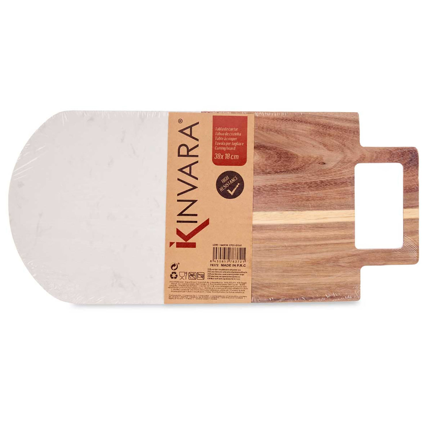 Un tagliere in legno con una sezione bianca e arrotondata e un manico. L'etichetta dice 'KINVARA' e 'HIGH RESISTANCE'.