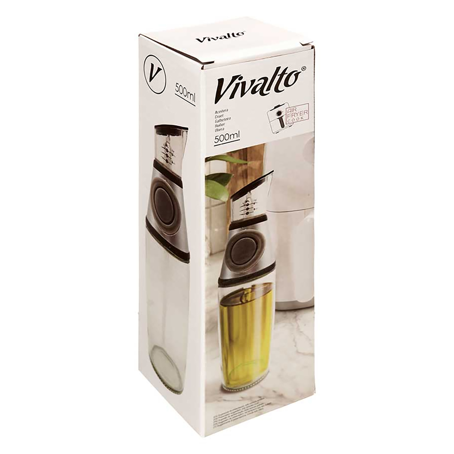 Una scatola bianca con un dispenser di olio in vetro all'interno. Il dispenser è parzialmente visibile, mostrando olio. Il marchio è Vivalto.