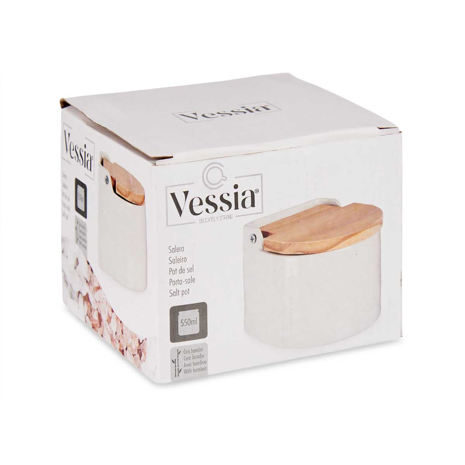 Una scatola bianca con un saliera. La scatola ha il logo Vessia e i dettagli del prodotto. La saliera ha un coperchio in legno.