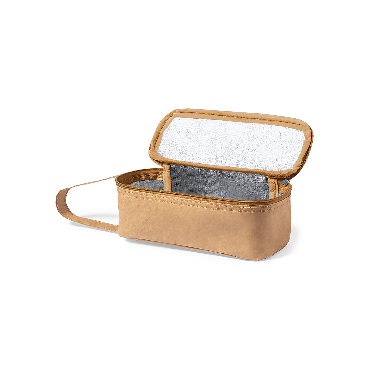 Una borsa termica beige è aperta, rivelando un interno argentato. La borsa ha un manico e poggia su uno sfondo bianco.