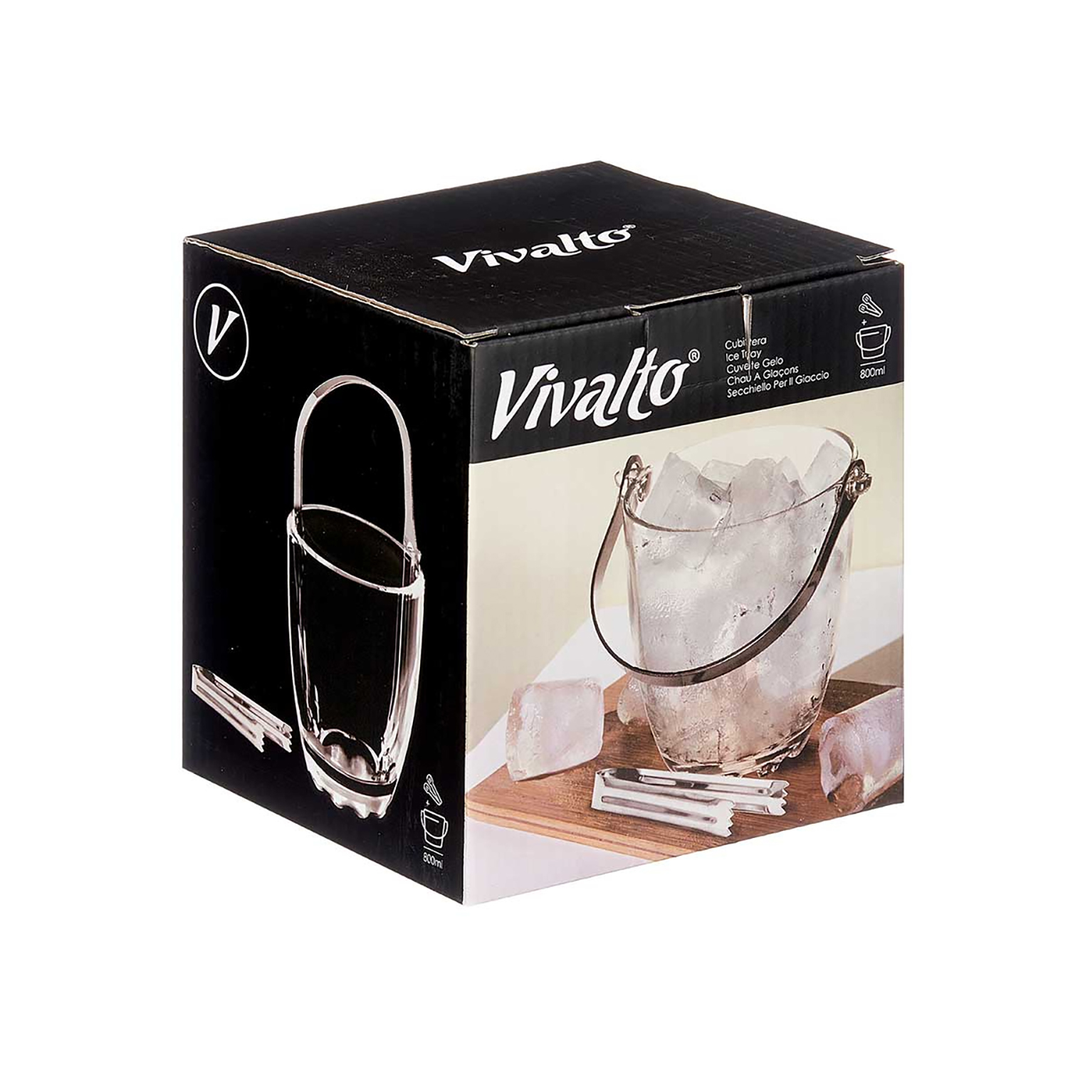 Eine Vivalto-Eiskübelbox mit einem mit Eis gefüllten Eiskübel und Eiszangen. Die Box hat Text in mehreren Sprachen.