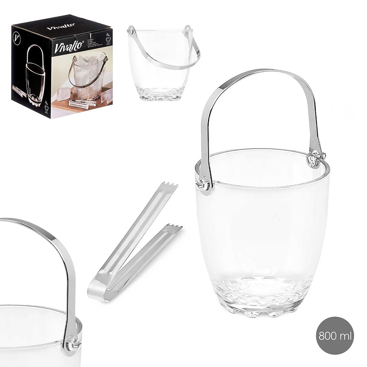 Ein klarer Eiswürfelbehälter aus Glas mit Metallgriff, Zange und Verpackung. Auf der Box und dem Eimer ist das Logo 'Vivalto'.