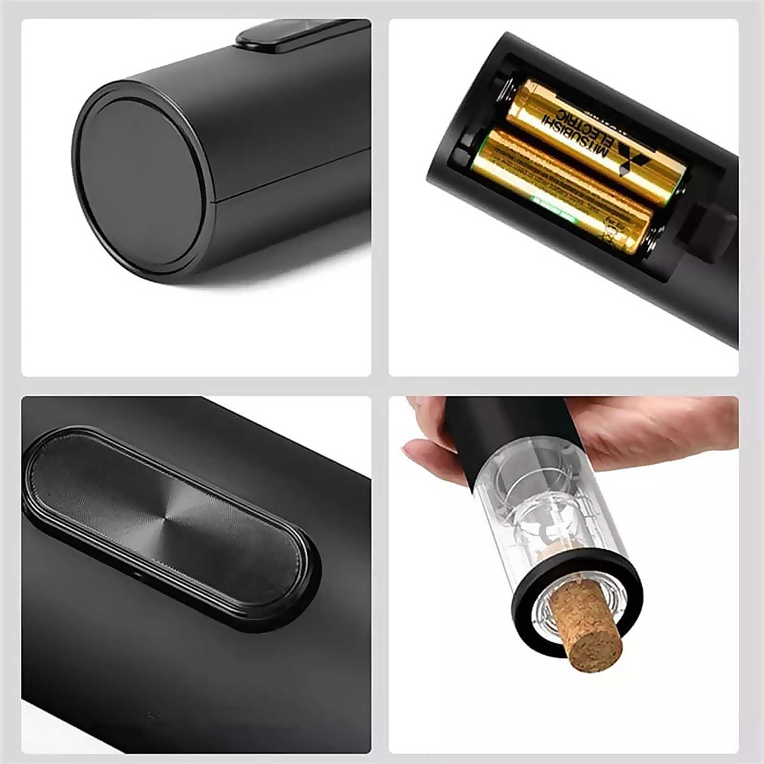 Apribottiglie elettrico nero. Dettagli: batterie, pulsante e cavatappi. Una mano tiene l'apribottiglie con un tappo.