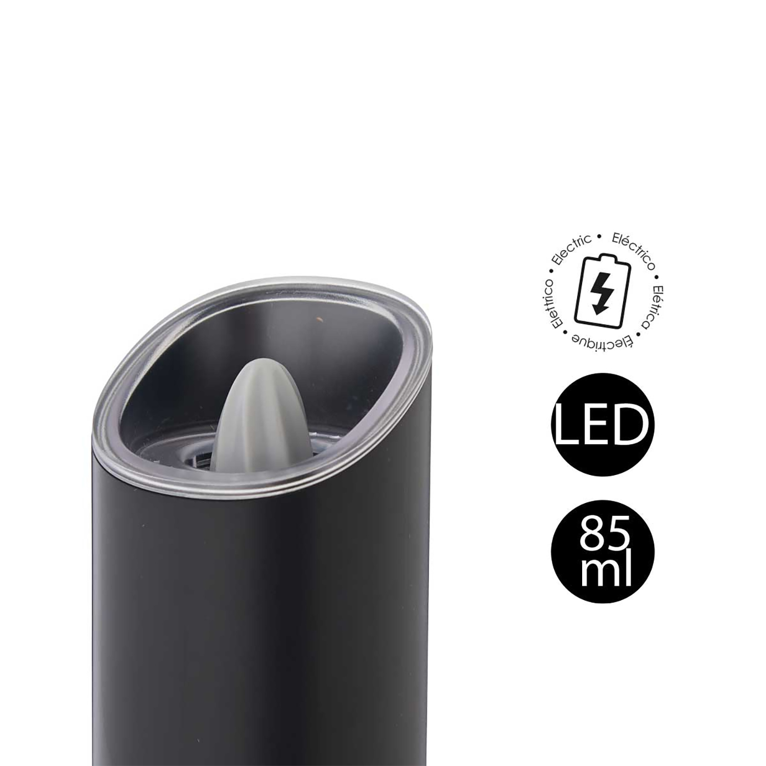 Eine schwarze elektrische Kerze mit einem grauen flammenförmigen Objekt im Inneren. LED- und 85-ml-Etiketten sind sichtbar. Ein elektrisches Symbol ist vorhanden.