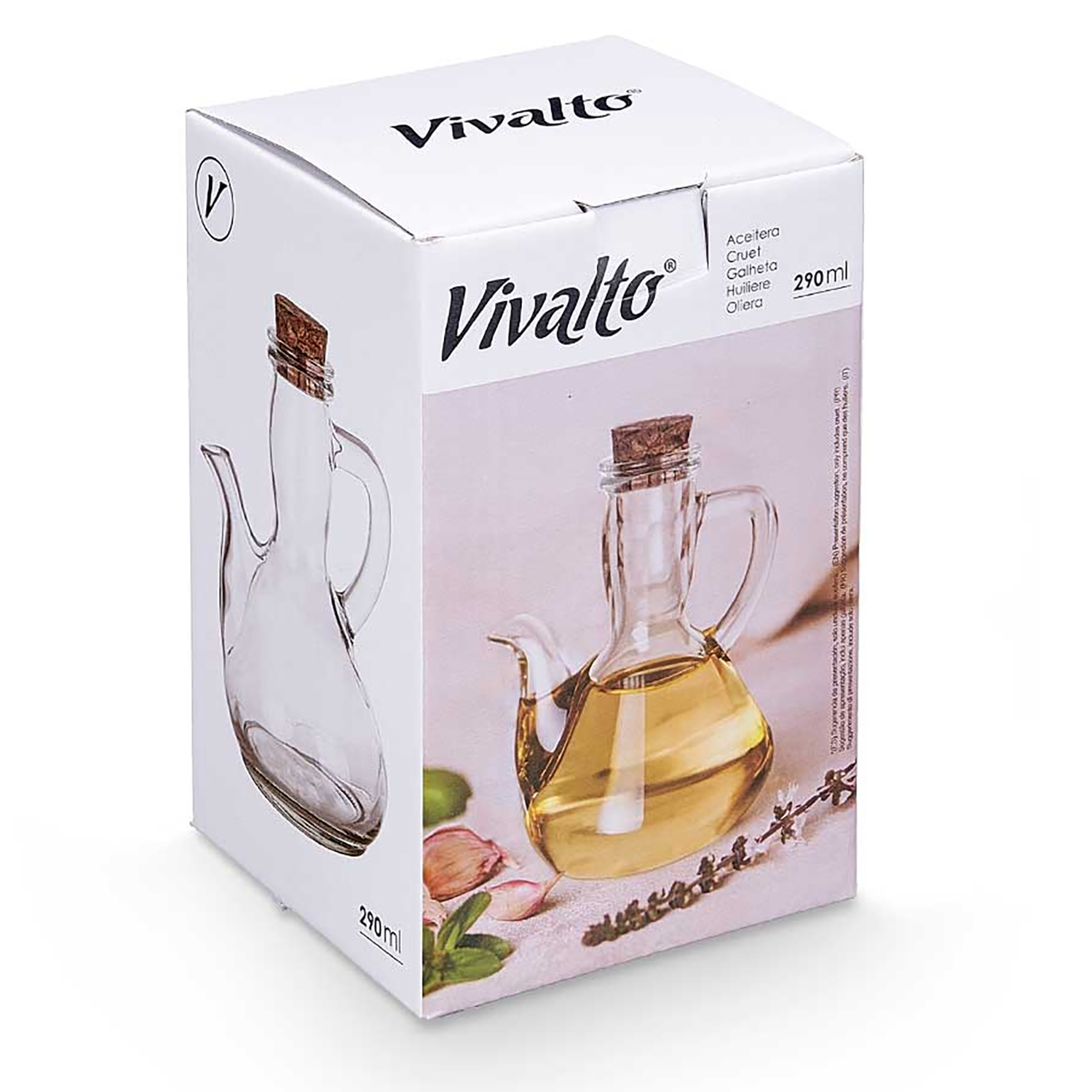 Eine Vivalto-Ölflaschenbox. Die Box zeigt eine Glasölflasche mit Korken. Die Flasche ist mit Öl gefüllt. Knoblauch und Kräuter sind darum herum.