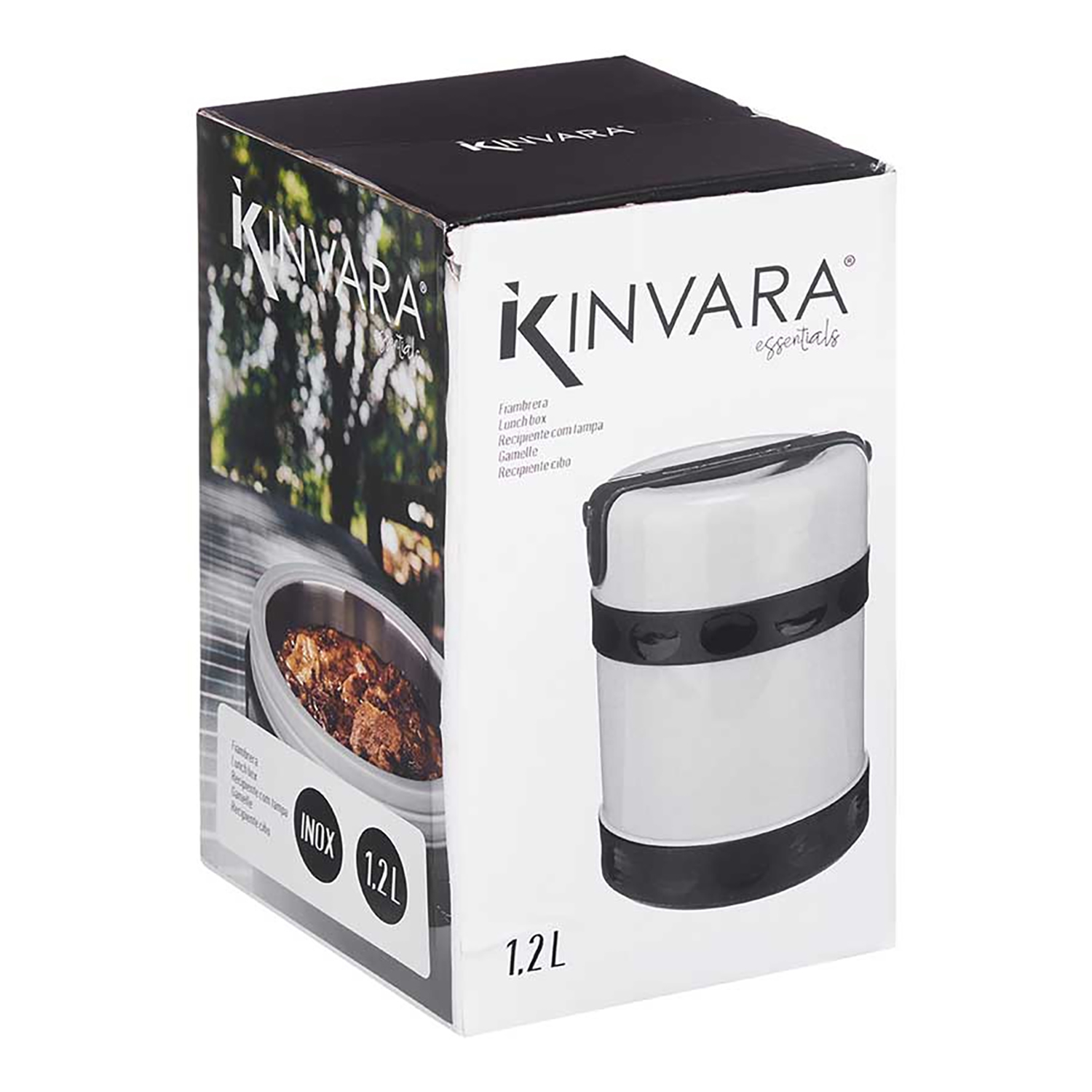 Un portapranzo Kinvara bianco e nero su una scatola bianca. La scatola ha testo in più lingue. Il portapranzo è a destra.