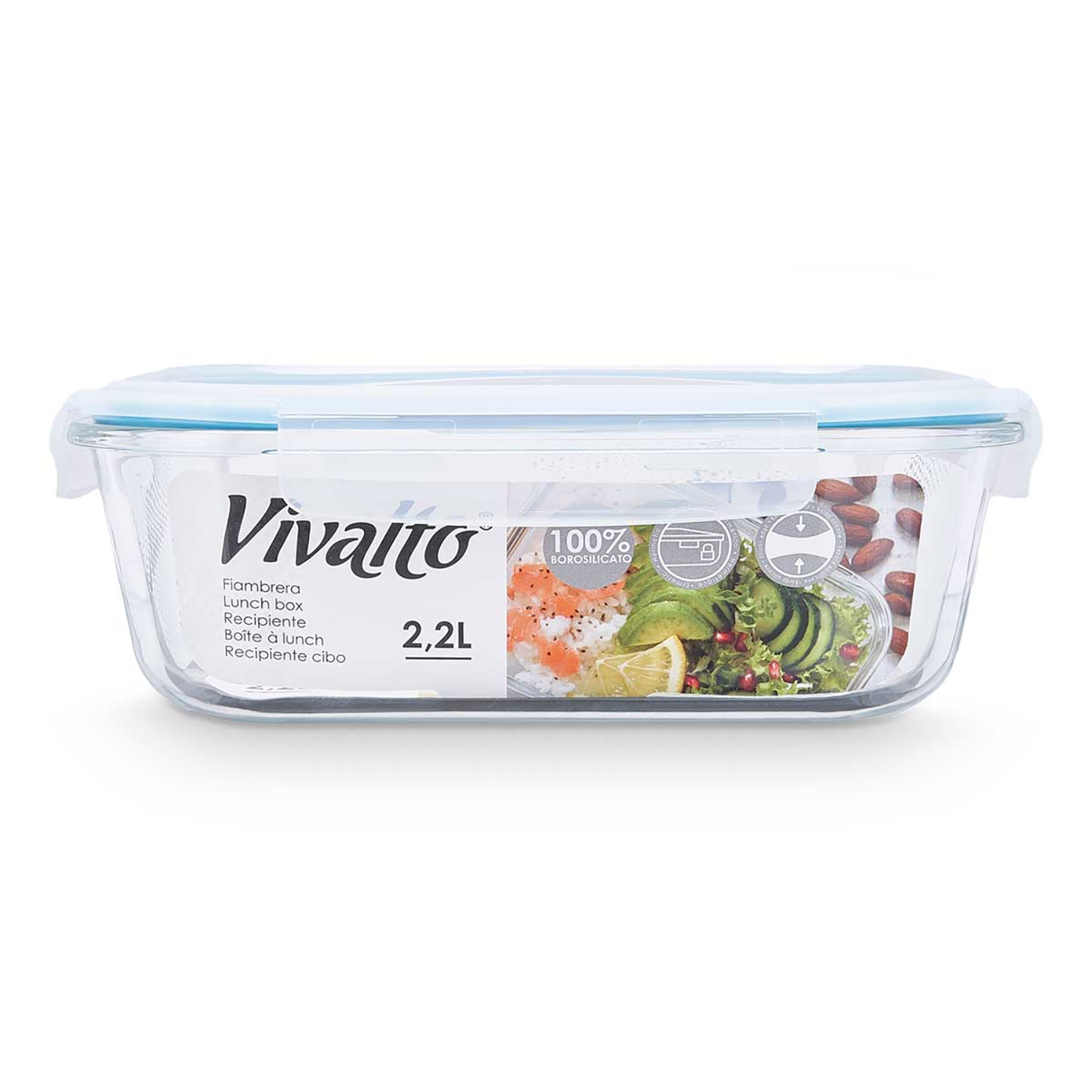 Una fiambrera rectangular transparente con tapa azul. Visible la marca 'Vivalto'. Contiene ilustraciones de comida como aguacate y almendras.