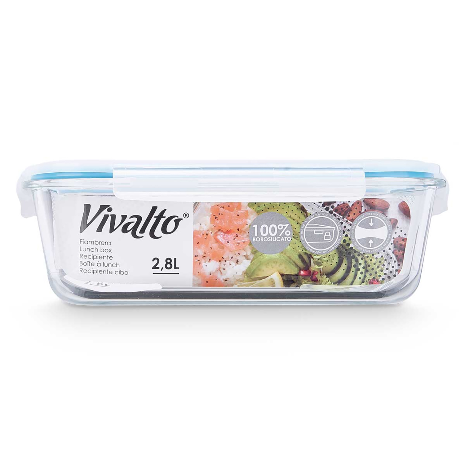 Un recipiente de comida rectangular y transparente con tapa azul. Tiene la marca 'Vivalto' y muestra contenido como salmón y aguacate.