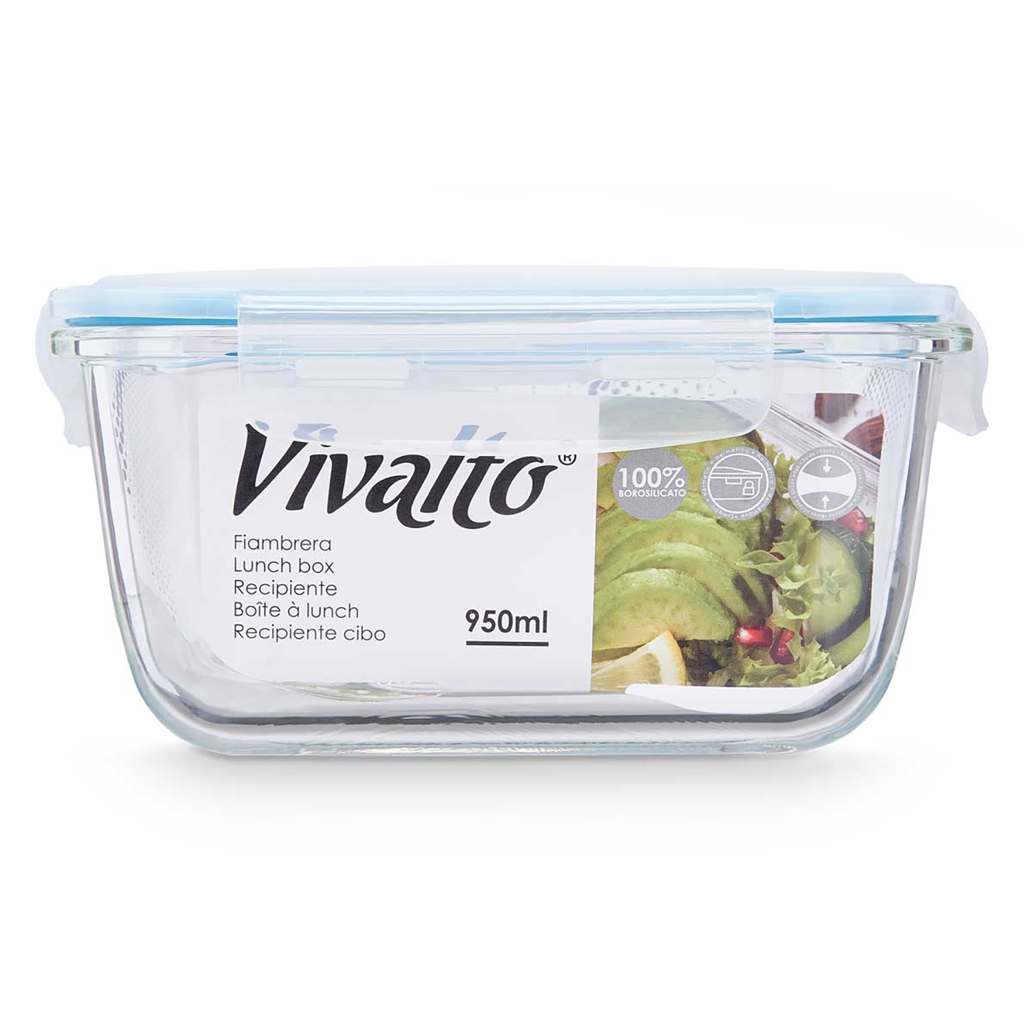 Una fiambrera de vidrio transparente con tapa azul claro. Contiene ensalada con aguacate y otras verduras. La marca 'Vivaio' es visible.
