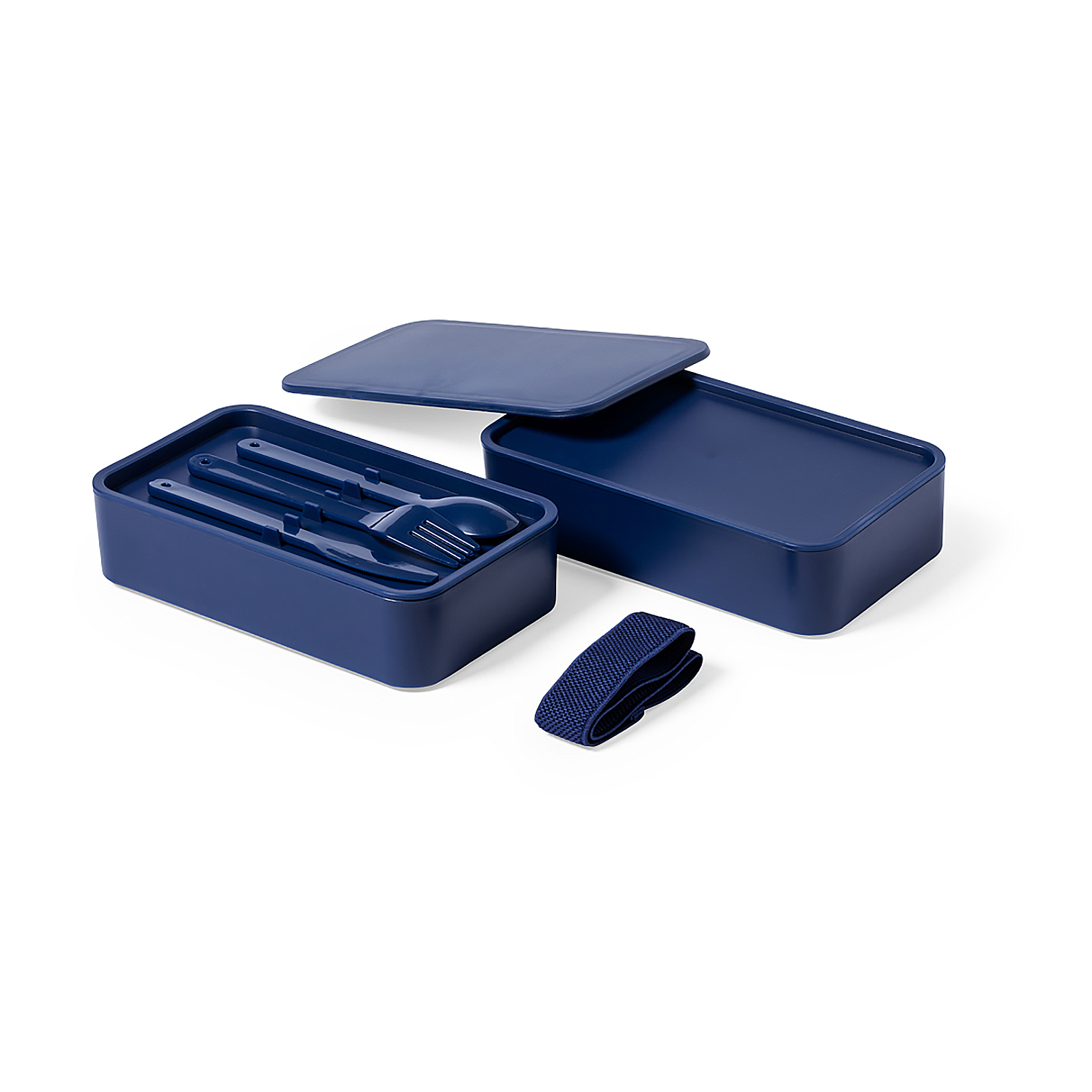 Una fiambrera azul oscuro con tapa, abierta para mostrar los cubiertos. También hay otra caja y una correa. Todos los artículos están sobre fondo blanco.