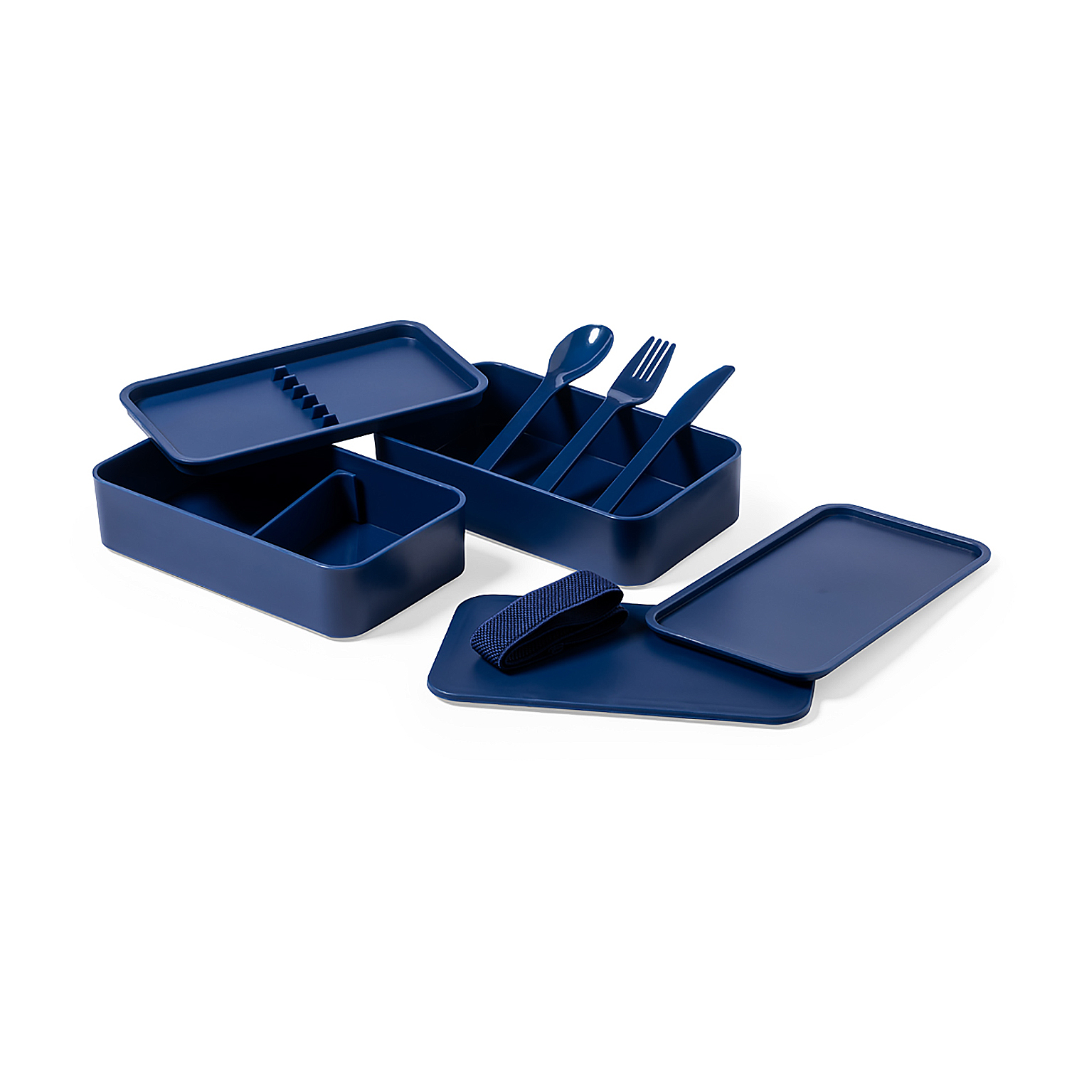 Un juego de fiambrera azul oscuro. Incluye recipientes, tapas y utensilios. El juego está sobre un fondo blanco, bien iluminado.