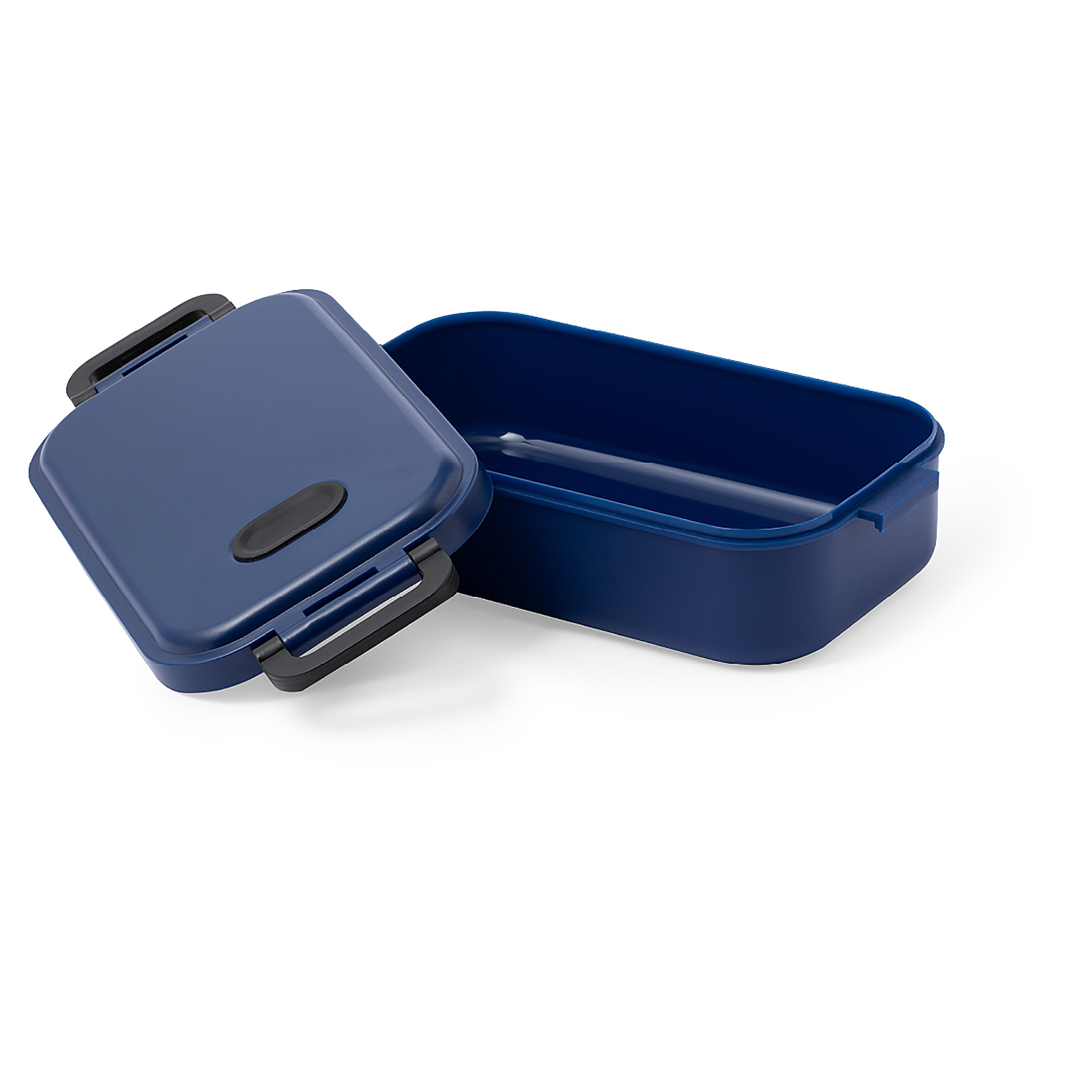 Un portapranzo rettangolare blu con il coperchio aperto. Il coperchio ha una maniglia nera e un pulsante nero. Il portapranzo è su sfondo bianco.