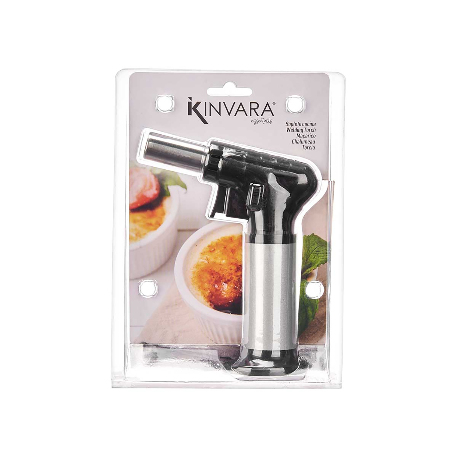 Un soplete de soldadura Kinvara essentials en su embalaje. Es negro y plateado, con una foto de crème brûlée en el embalaje.