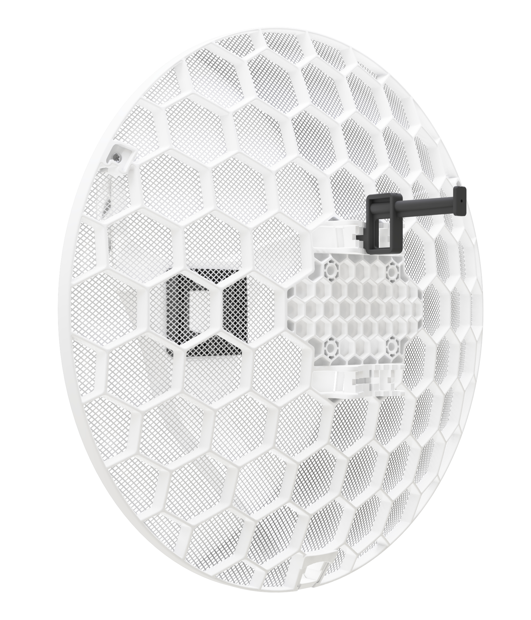 Biała, okrągła antena sieciowa z wzorem plastra miodu i czarnym wspornikiem montażowym.